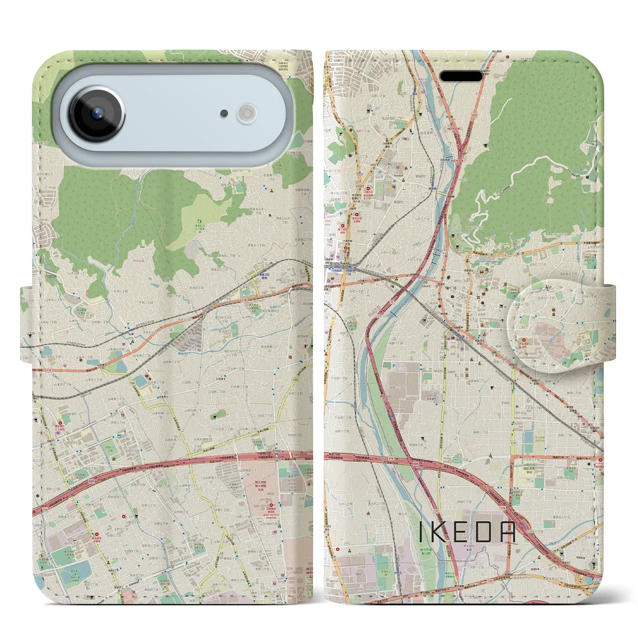 【池田(大阪府)】地図柄iPhoneケース(手帳タイプ)モノトーン・iPhone 17 Pro Max 用
