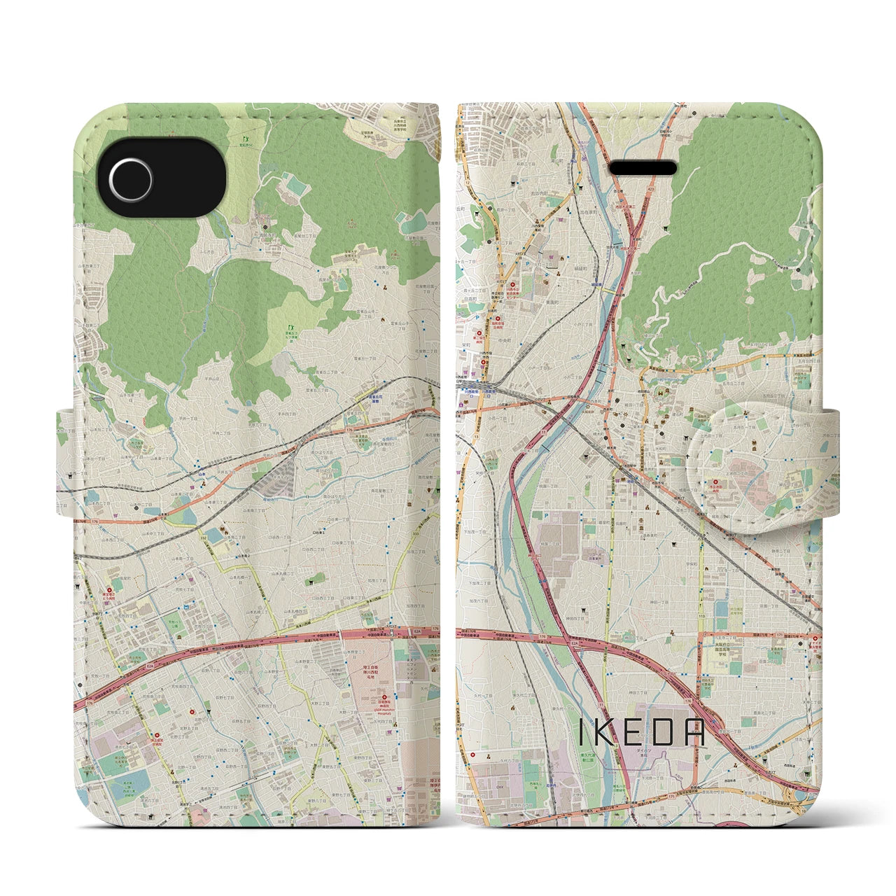 【池田(大阪府)】地図柄iPhoneケース(手帳タイプ)ナチュラル・iPhone SE(第3 / 第2世代) / 8 / 7 / 6s / 6 用