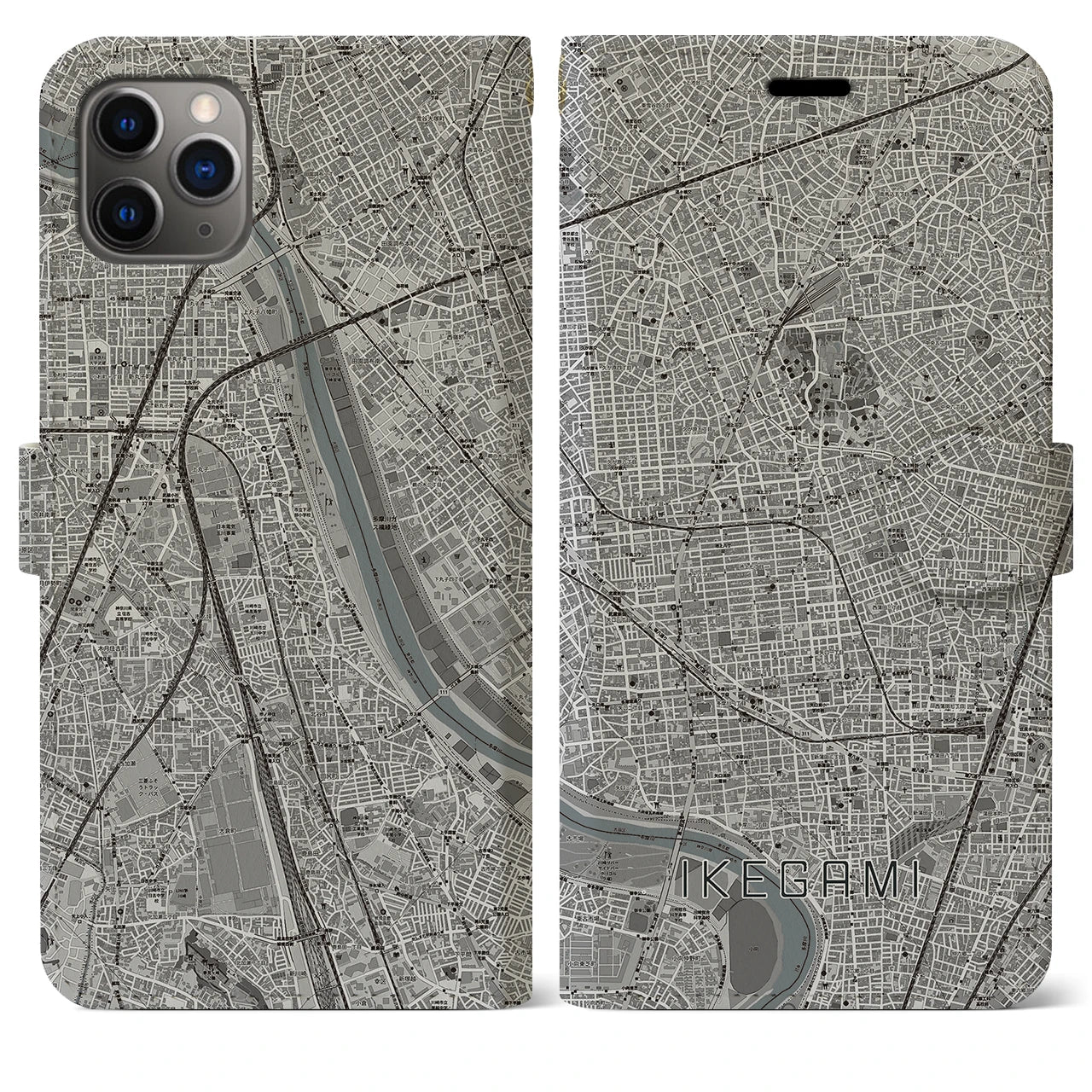 【池上(東京都)】地図柄iPhoneケース(手帳タイプ)モノトーン・iPhone 11 Pro Max 用