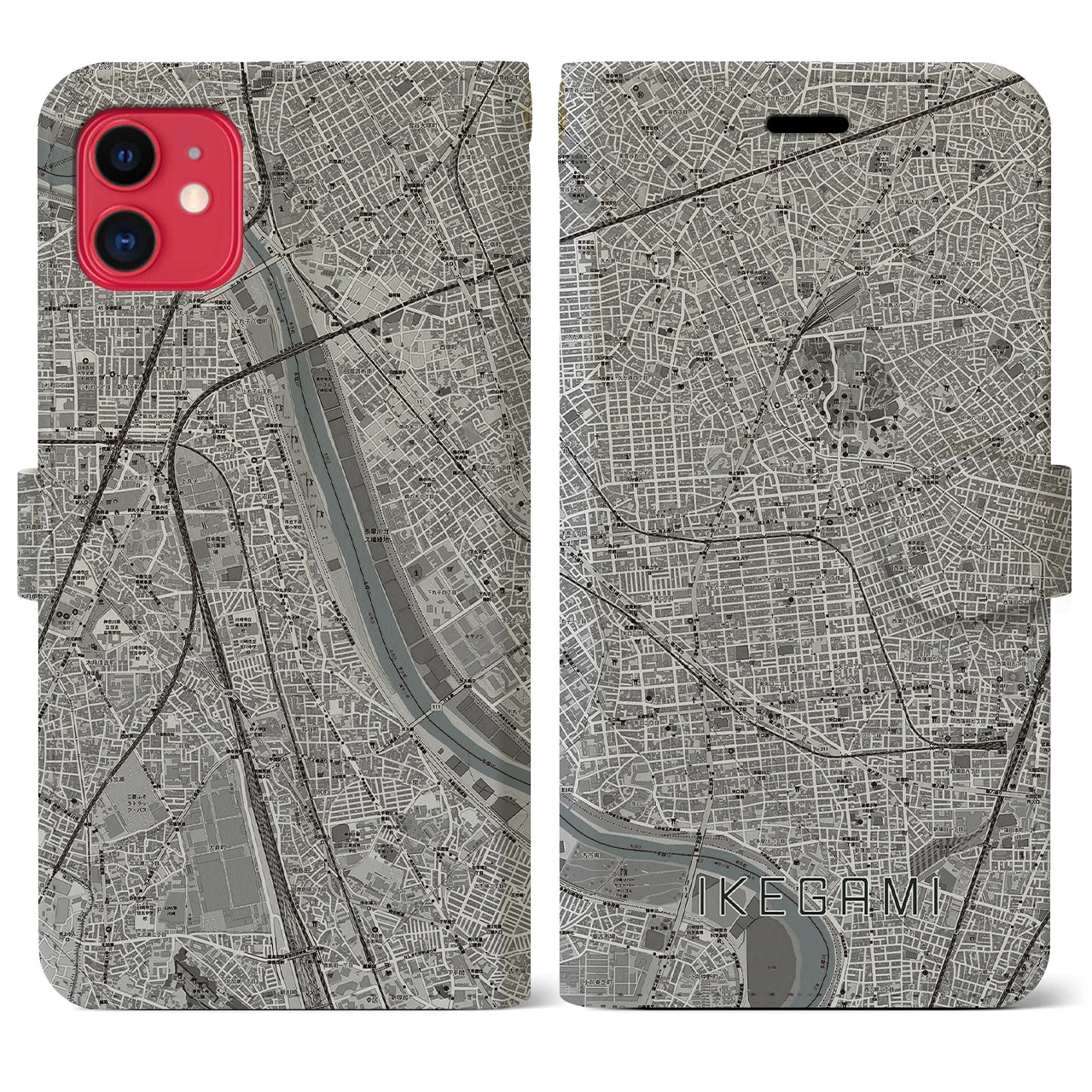 【池上(東京都)】地図柄iPhoneケース(手帳タイプ)モノトーン・iPhone 11 用