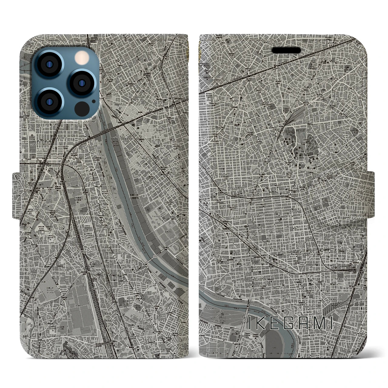 【池上(東京都)】地図柄iPhoneケース(手帳タイプ)モノトーン・iPhone 12 / 12 Pro 用