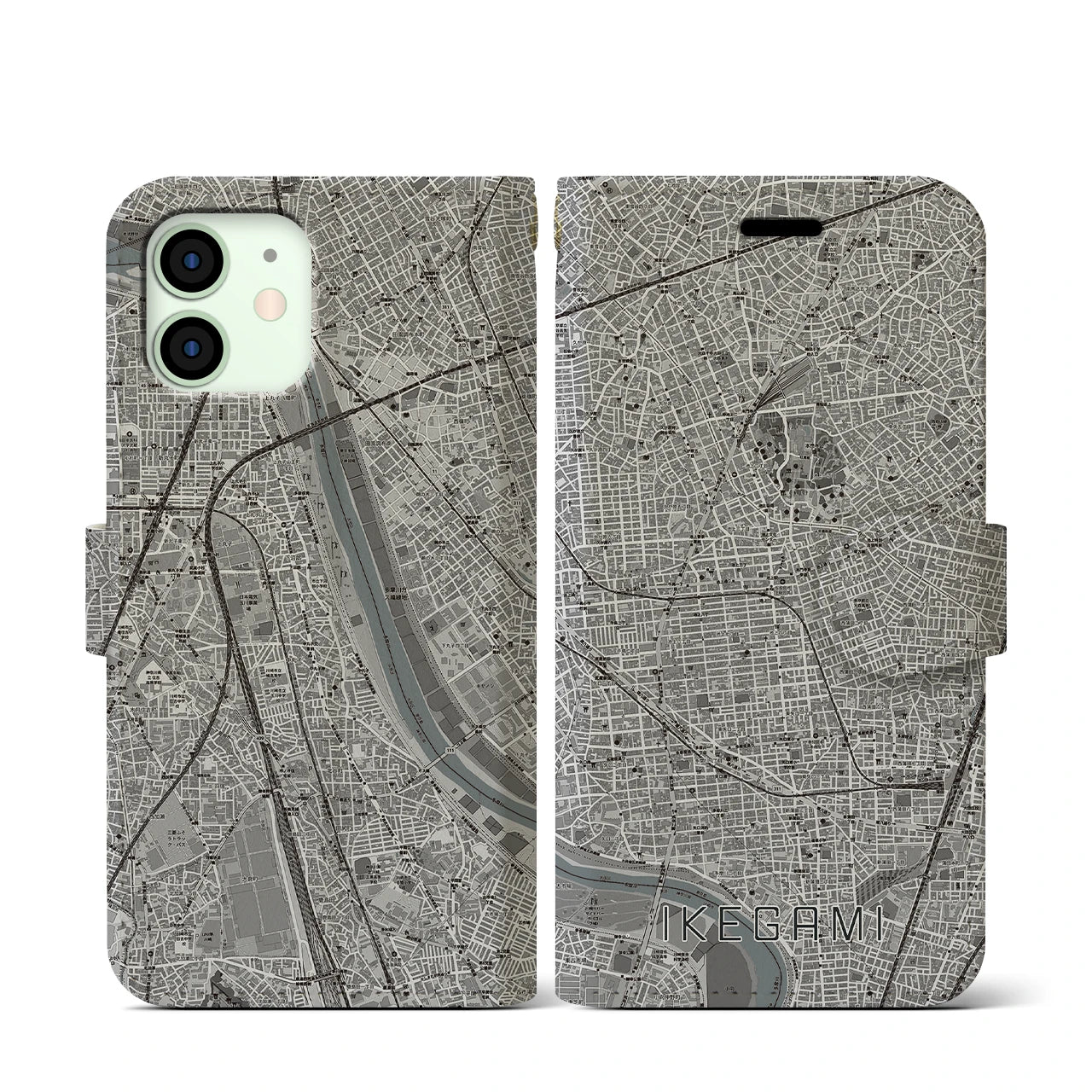 【池上(東京都)】地図柄iPhoneケース(手帳タイプ)モノトーン・iPhone 12 mini 用