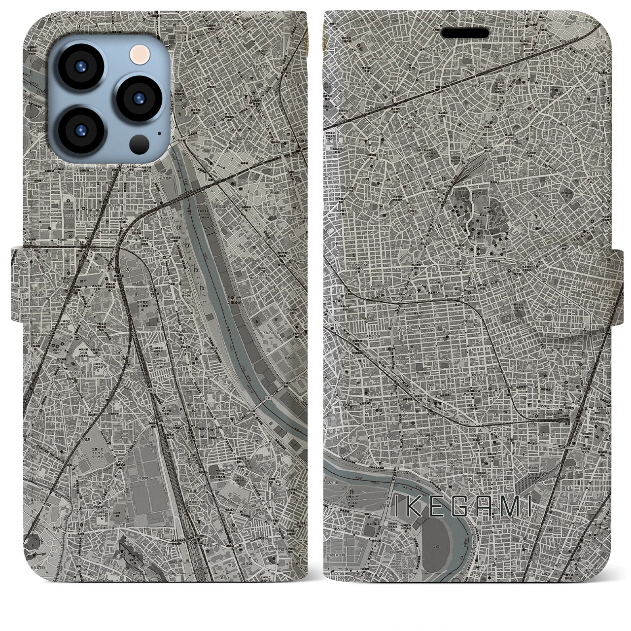 【池上(東京都)】地図柄iPhoneケース(手帳タイプ)モノトーン・iPhone 13 Pro Max 用
