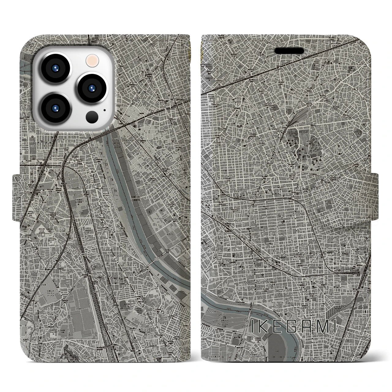 【池上(東京都)】地図柄iPhoneケース(手帳タイプ)モノトーン・iPhone 13 Pro 用