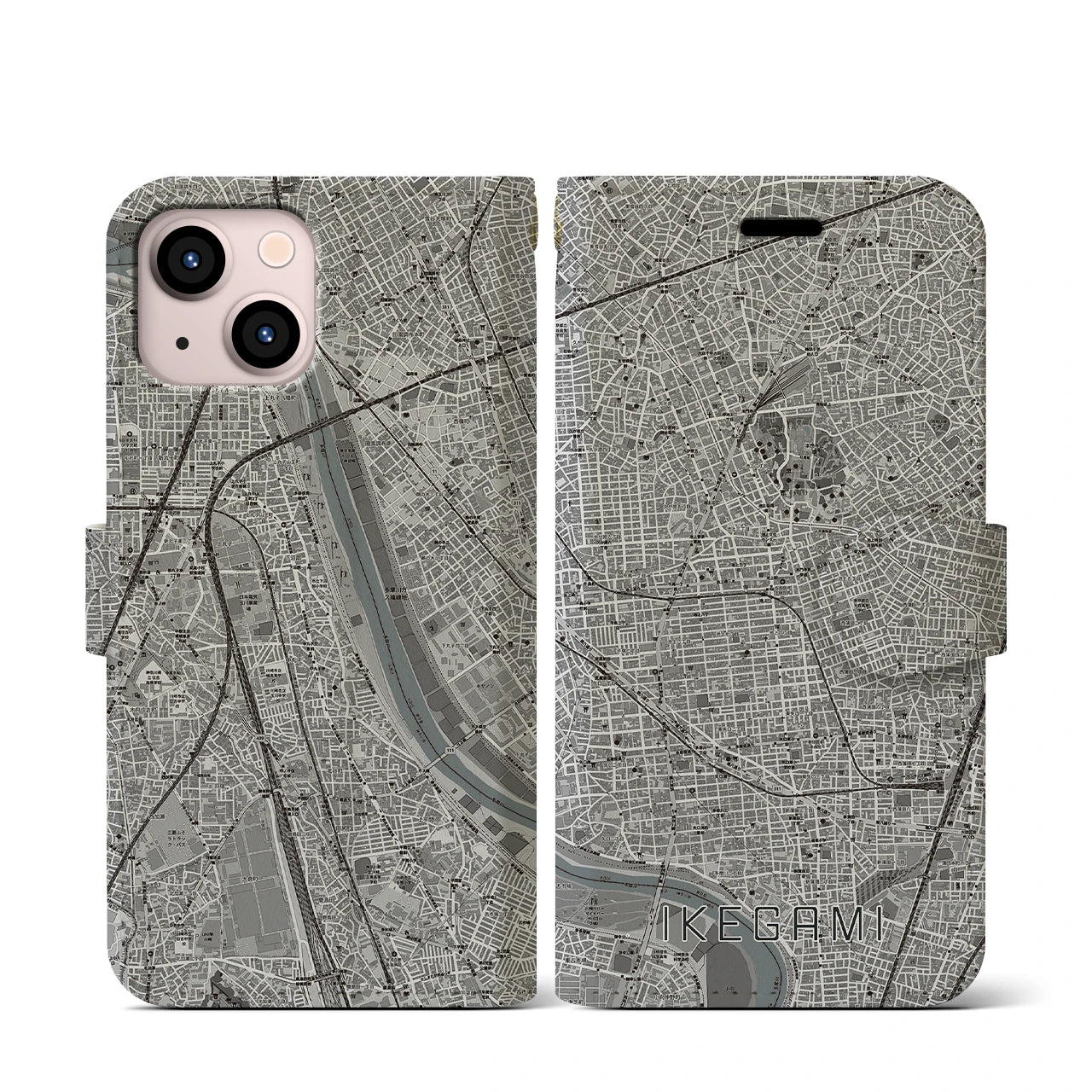 【池上(東京都)】地図柄iPhoneケース(手帳タイプ)モノトーン・iPhone 13 mini 用