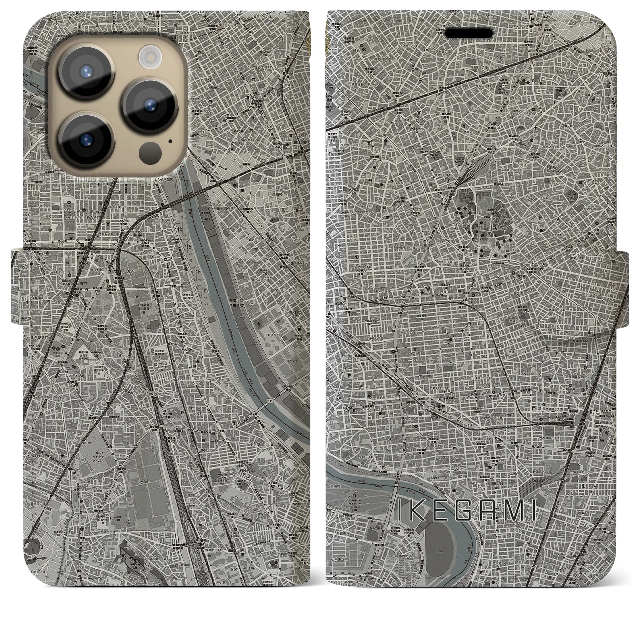 【池上(東京都)】地図柄iPhoneケース(手帳タイプ)モノトーン・iPhone 14 Pro Max 用