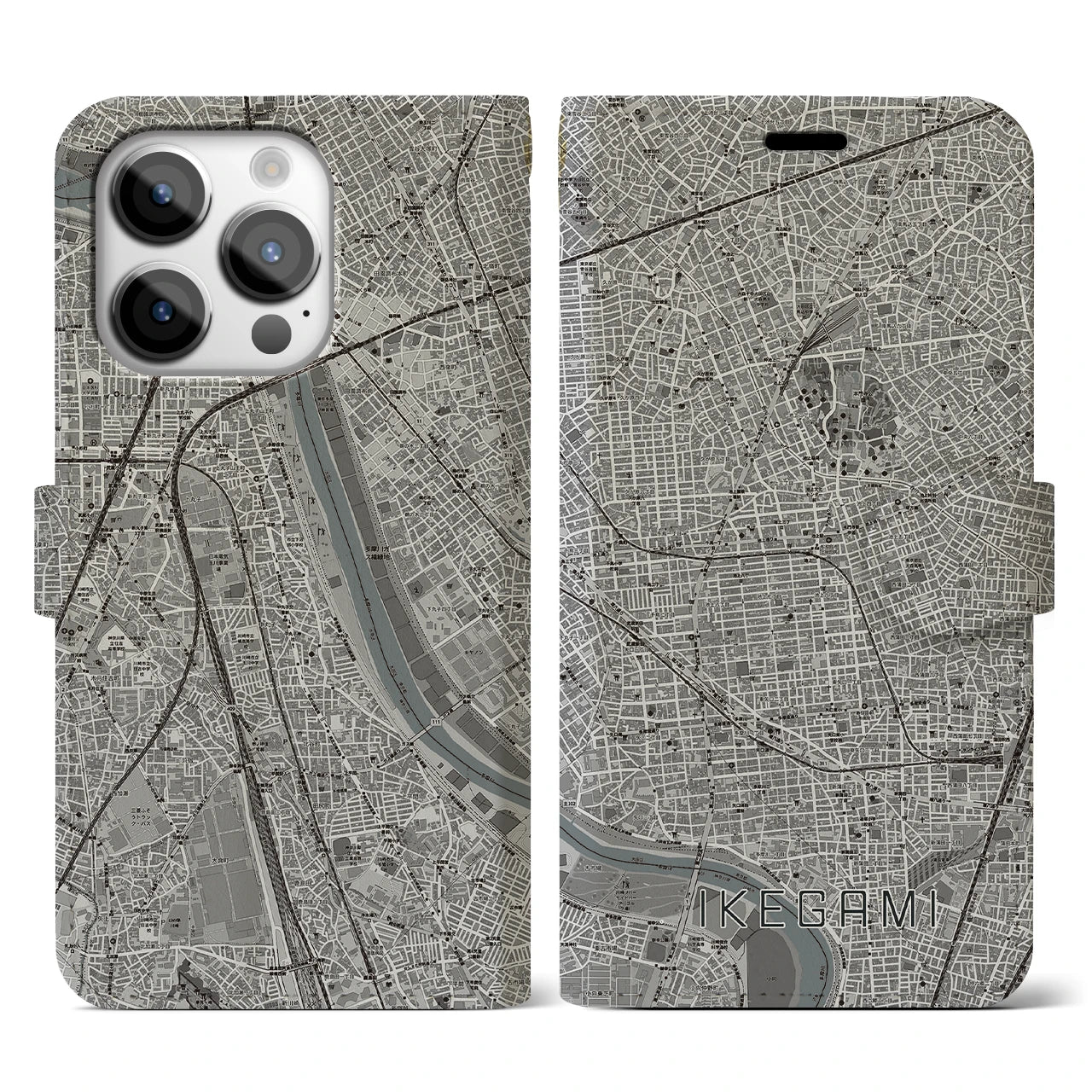 【池上(東京都)】地図柄iPhoneケース(手帳タイプ)モノトーン・iPhone 14 Pro 用