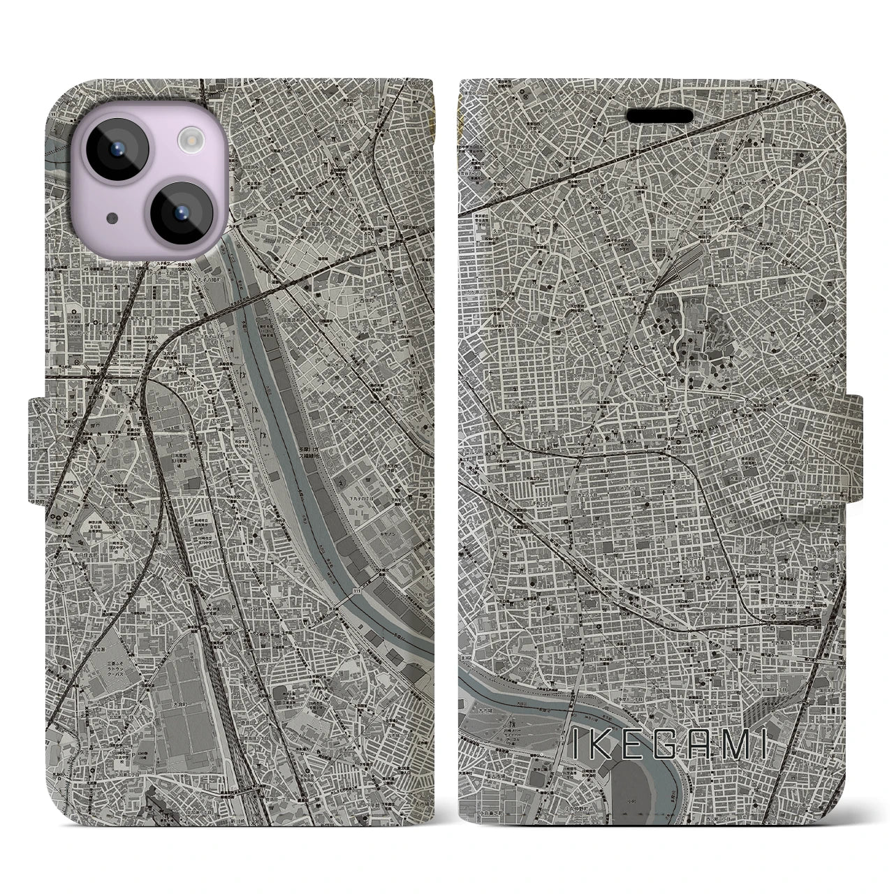 【池上(東京都)】地図柄iPhoneケース(手帳タイプ)モノトーン・iPhone 14 用