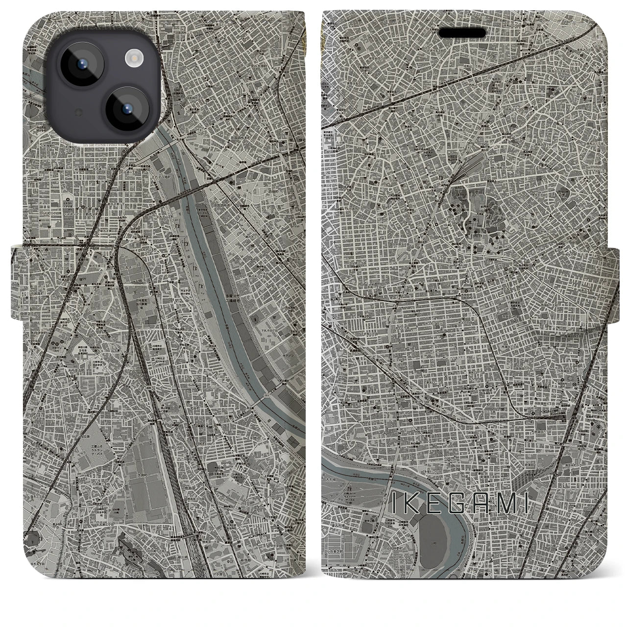【池上(東京都)】地図柄iPhoneケース(手帳タイプ)モノトーン・iPhone 14 Plus 用
