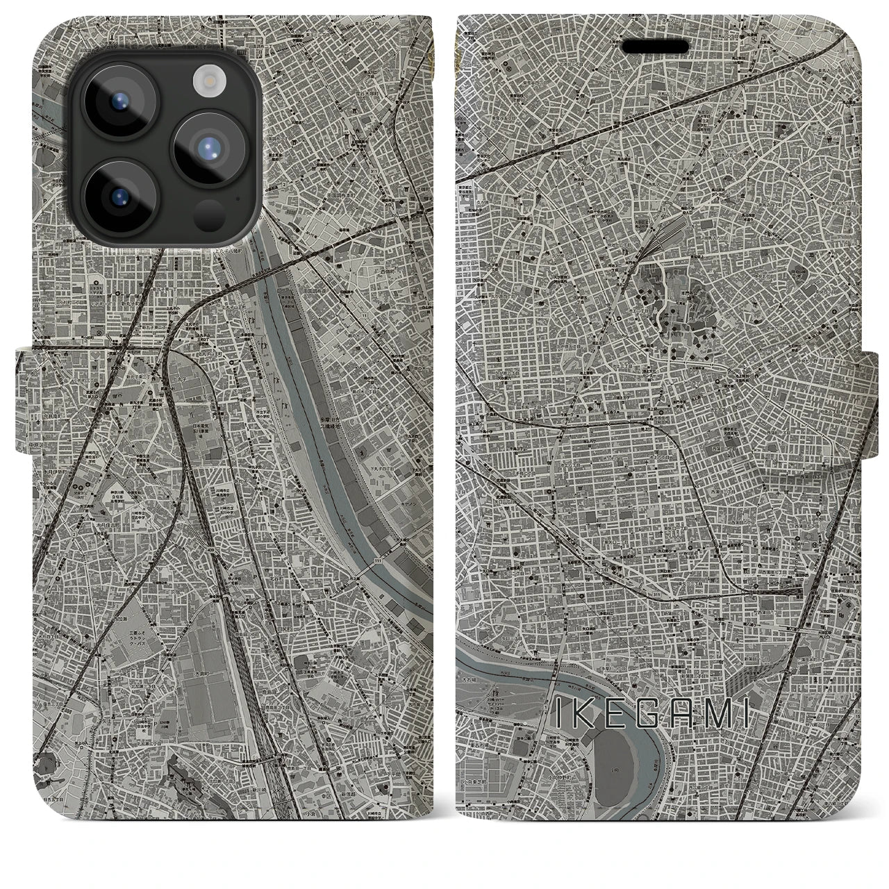 【池上(東京都)】地図柄iPhoneケース(手帳タイプ)モノトーン・iPhone 15 Pro Max 用