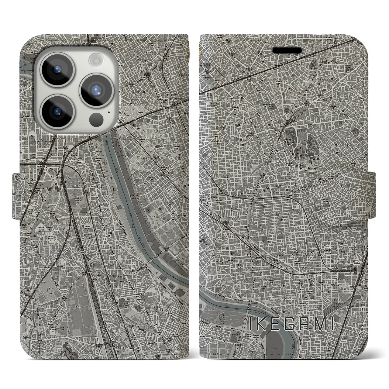 【池上(東京都)】地図柄iPhoneケース(手帳タイプ)モノトーン・iPhone 15 Pro 用