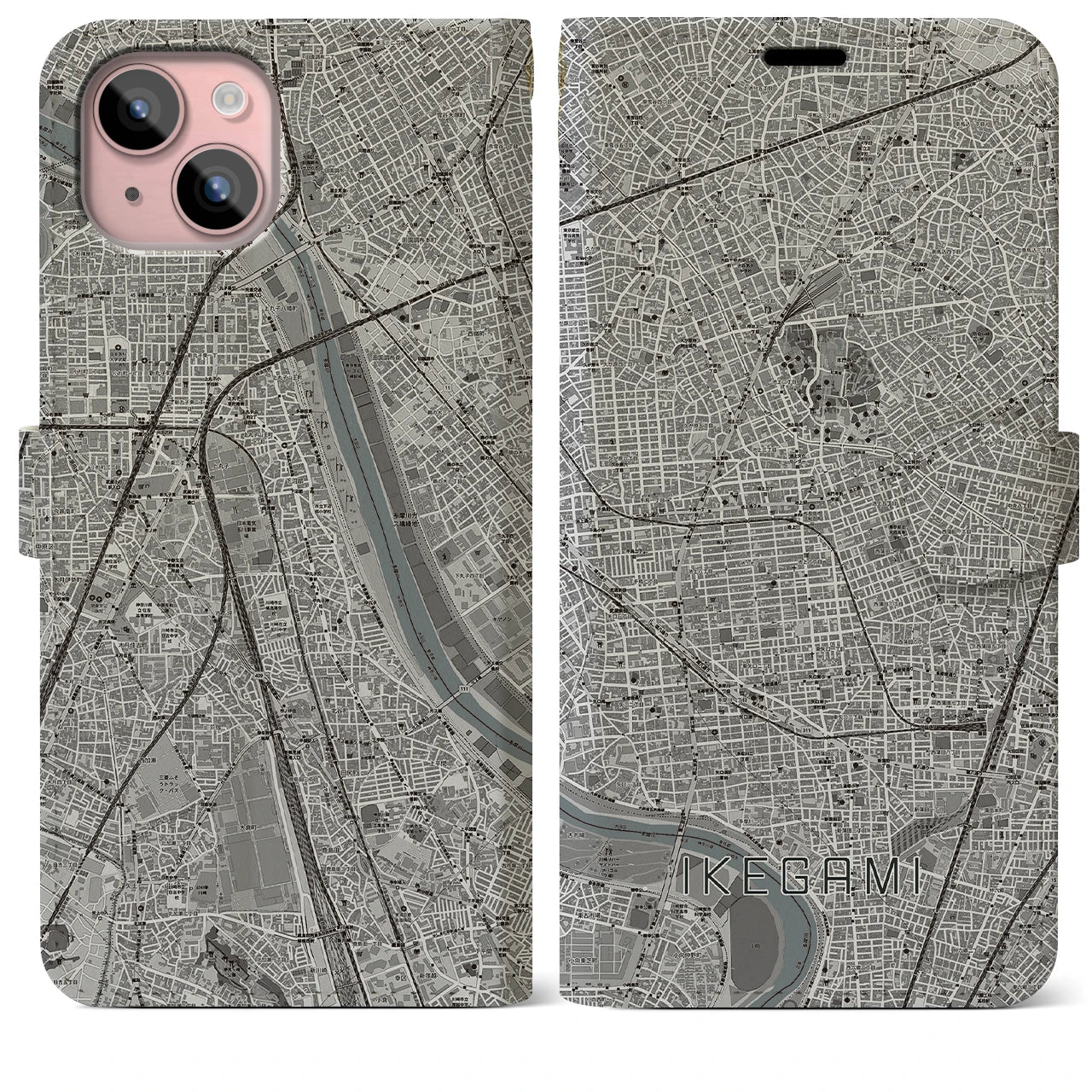 【池上(東京都)】地図柄iPhoneケース(手帳タイプ)モノトーン・iPhone 15 Plus 用