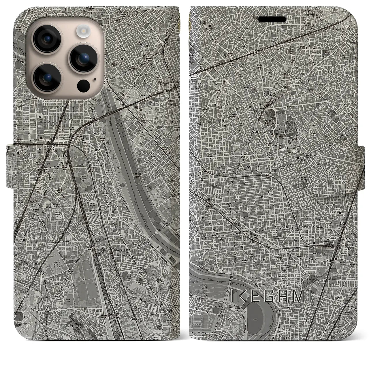 【池上(東京都)】地図柄iPhoneケース(手帳タイプ)モノトーン・iPhone 16 Plus 用