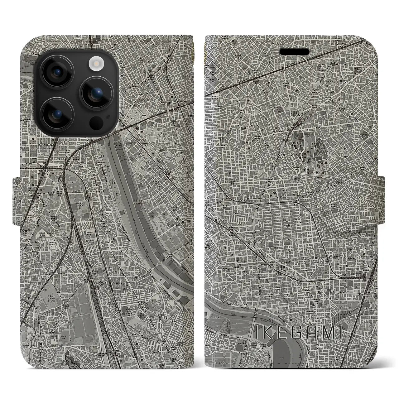 【池上(東京都)】地図柄iPhoneケース(手帳タイプ)モノトーン・iPhone 16 用