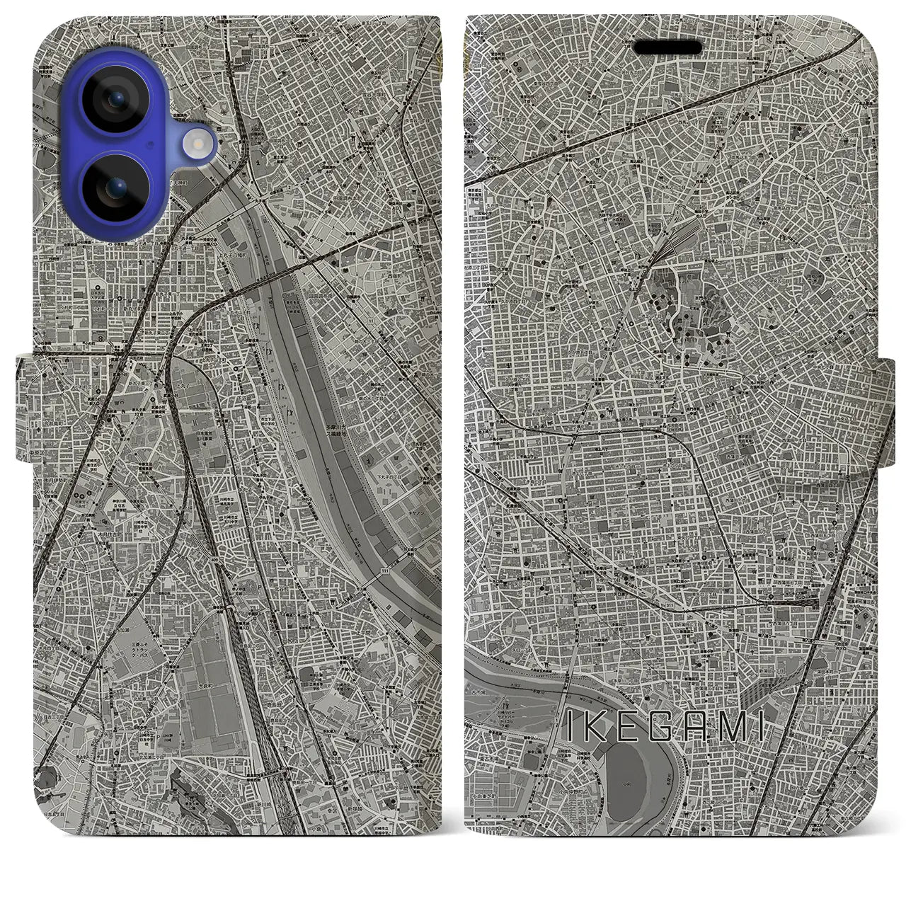 【池上(東京都)】地図柄iPhoneケース(手帳タイプ)モノトーン・iPhone 16 Pro Max 用