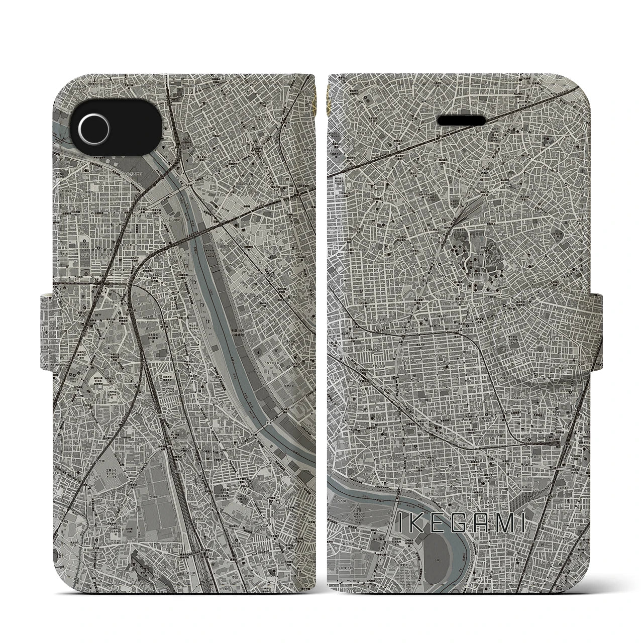 【池上(東京都)】地図柄iPhoneケース(手帳タイプ)モノトーン・iPhone SE(第3 / 第2世代) / 8 / 7 / 6s / 6 用