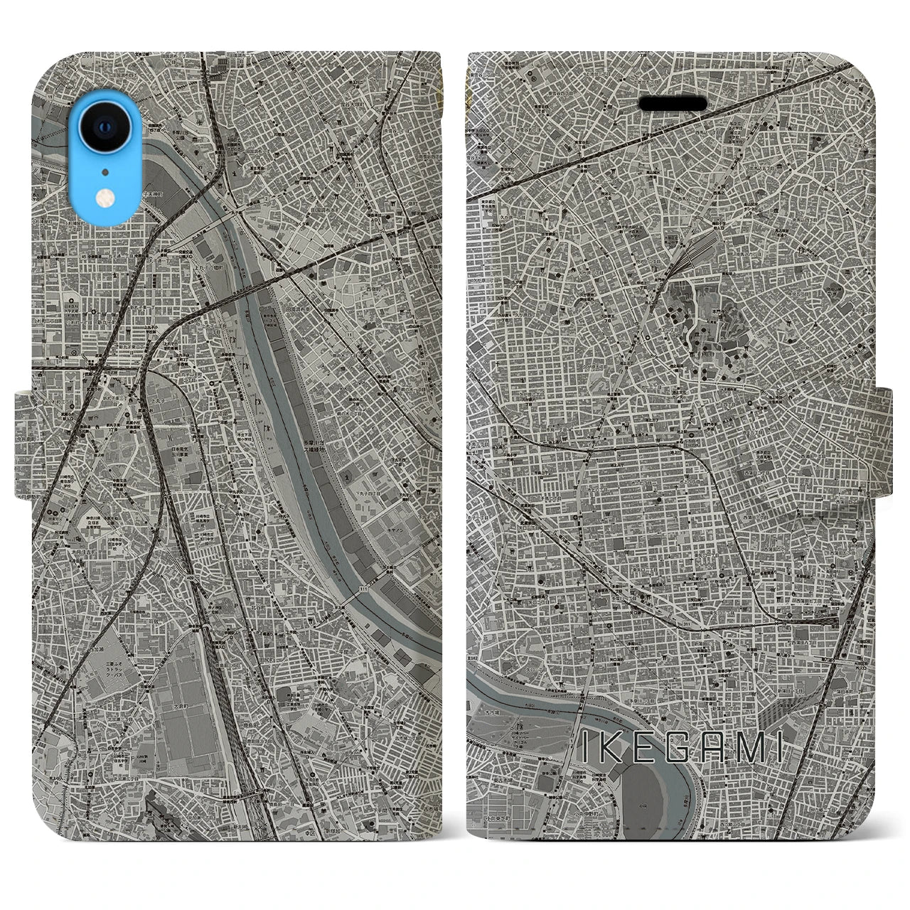【池上(東京都)】地図柄iPhoneケース(手帳タイプ)モノトーン・iPhone XR 用