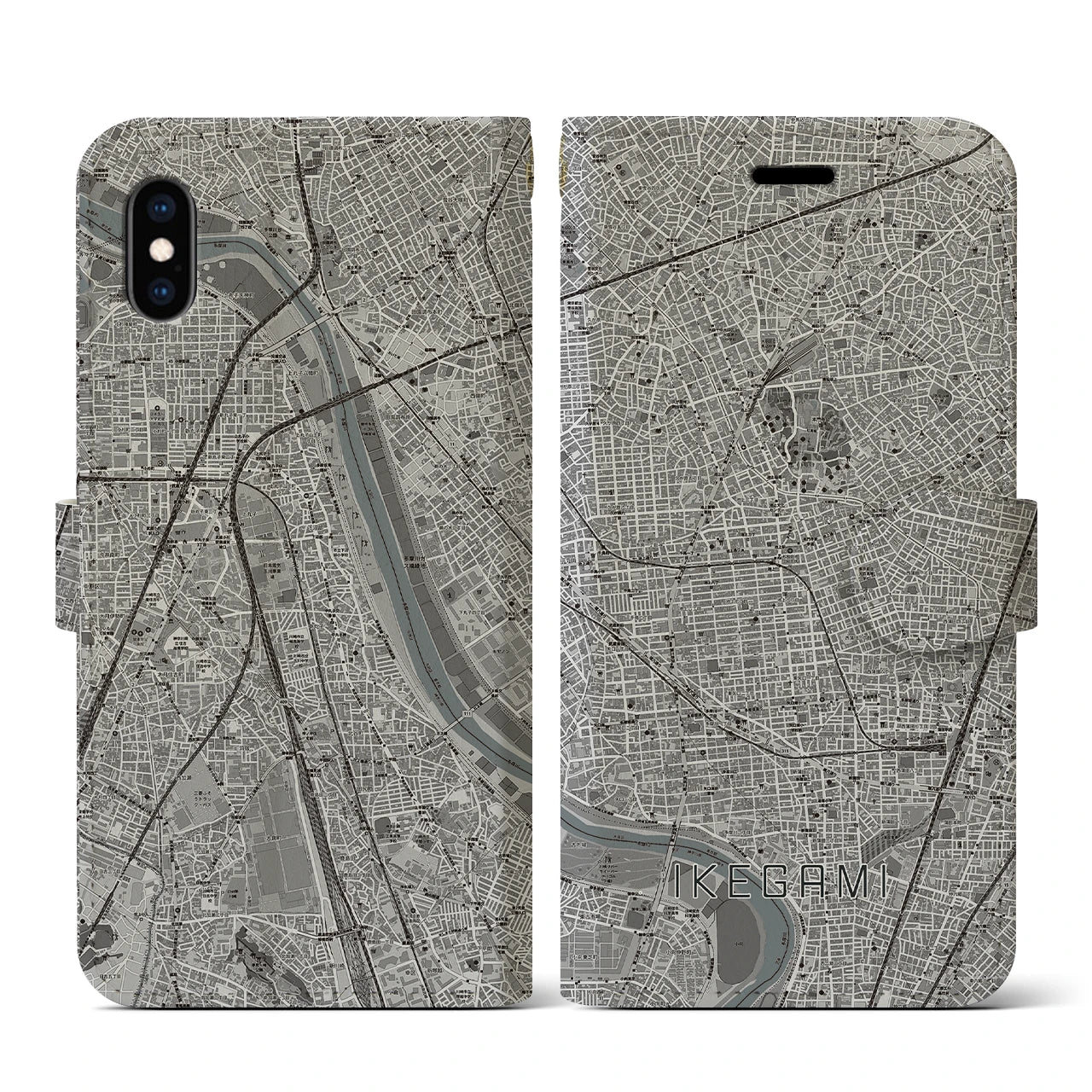 【池上(東京都)】地図柄iPhoneケース(手帳タイプ)モノトーン・iPhone XS / X 用
