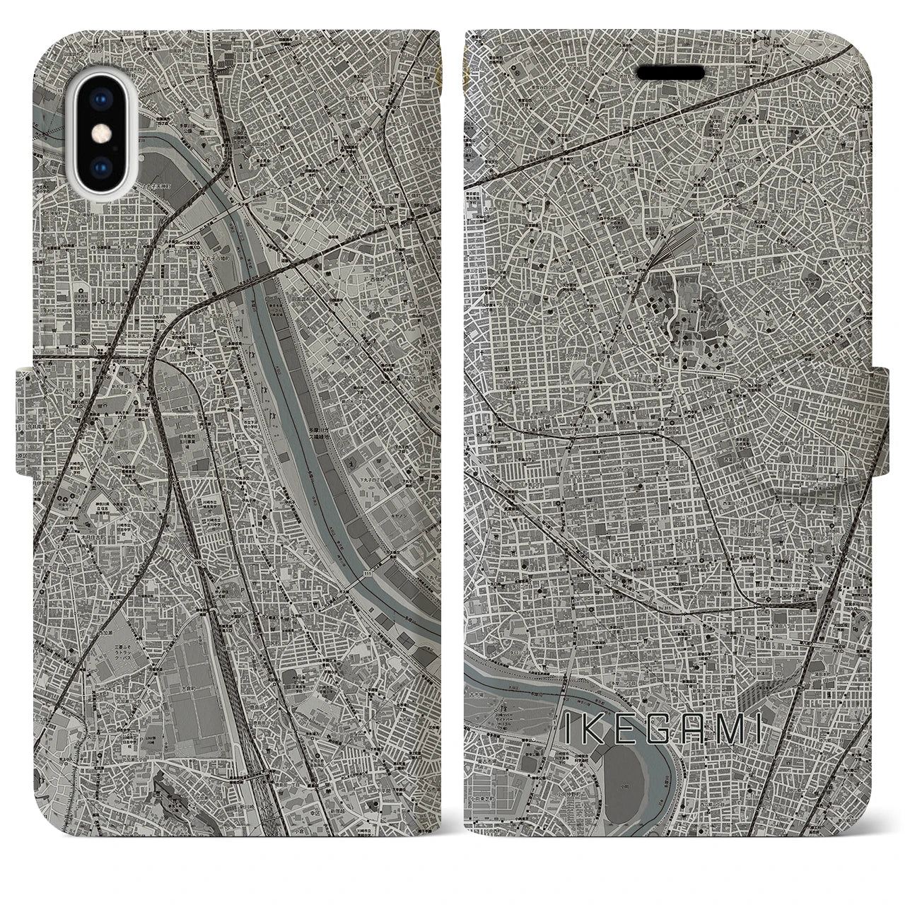 【池上(東京都)】地図柄iPhoneケース(手帳タイプ)モノトーン・iPhone XS Max 用