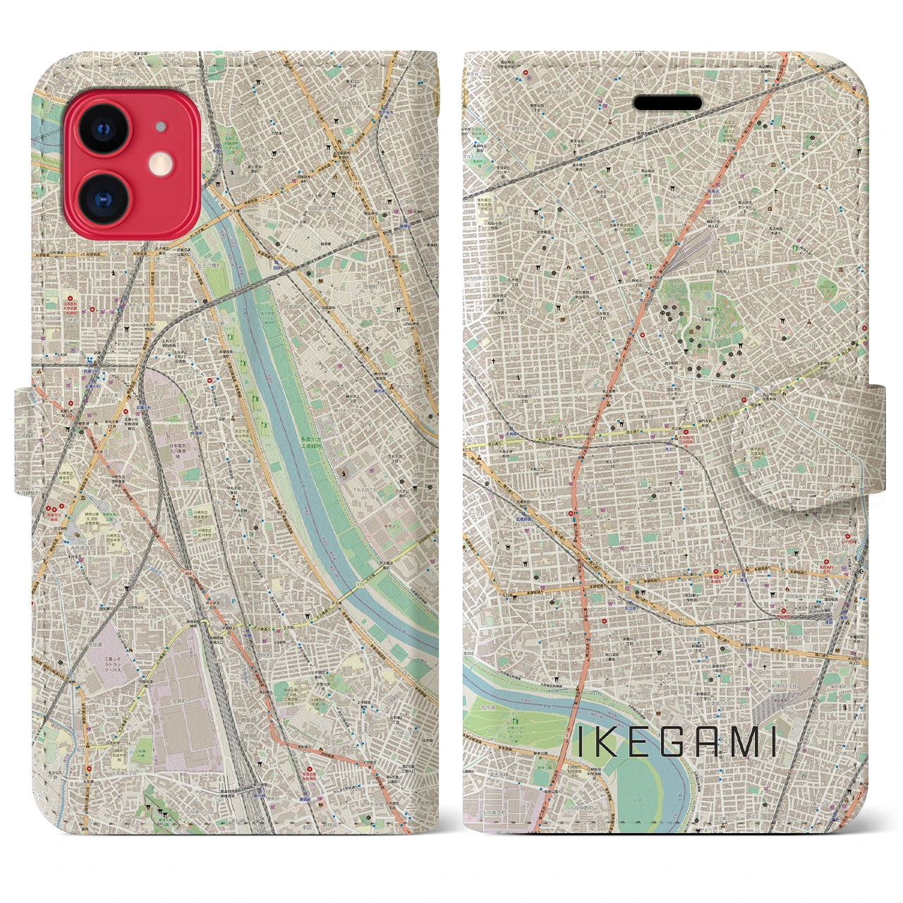 【池上(東京都)】地図柄iPhoneケース(手帳タイプ)ナチュラル・iPhone 11 用