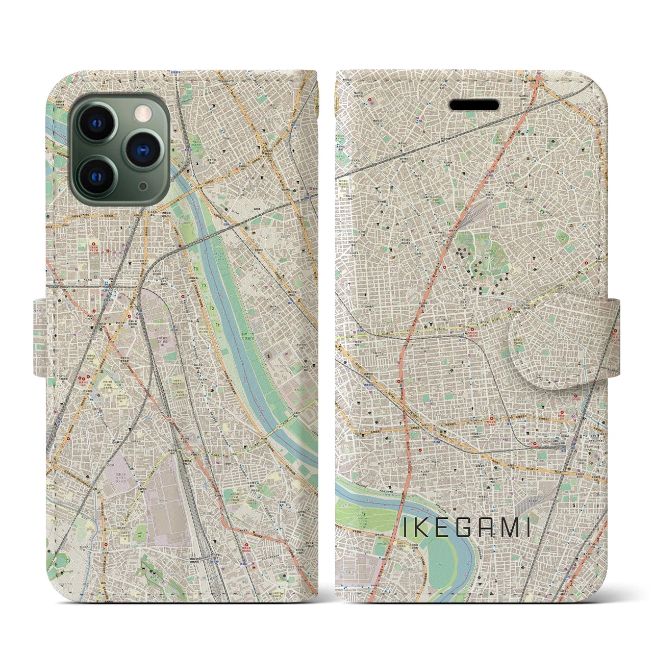 【池上(東京都)】地図柄iPhoneケース(手帳タイプ)ナチュラル・iPhone 11 Pro 用