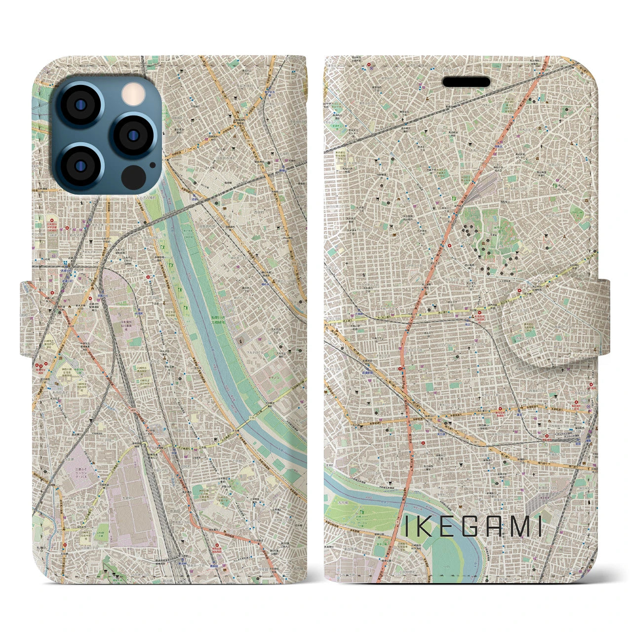 【池上(東京都)】地図柄iPhoneケース(手帳タイプ)ナチュラル・iPhone 12 / 12 Pro 用