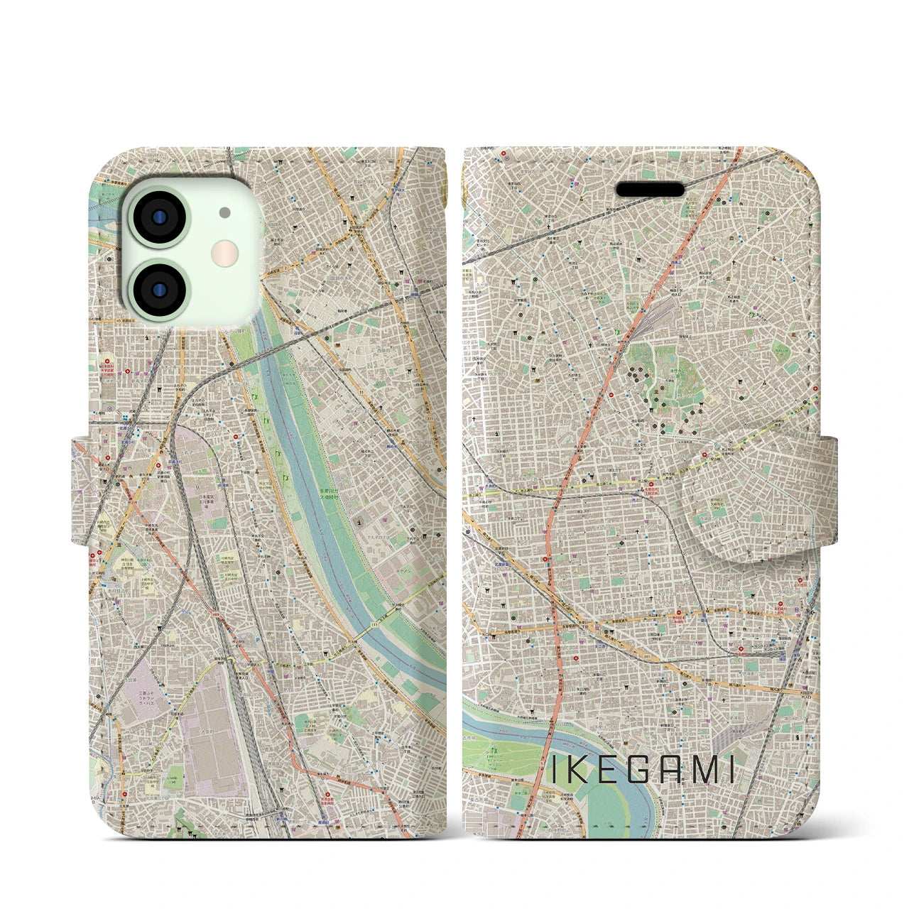 【池上(東京都)】地図柄iPhoneケース(手帳タイプ)ナチュラル・iPhone 12 mini 用