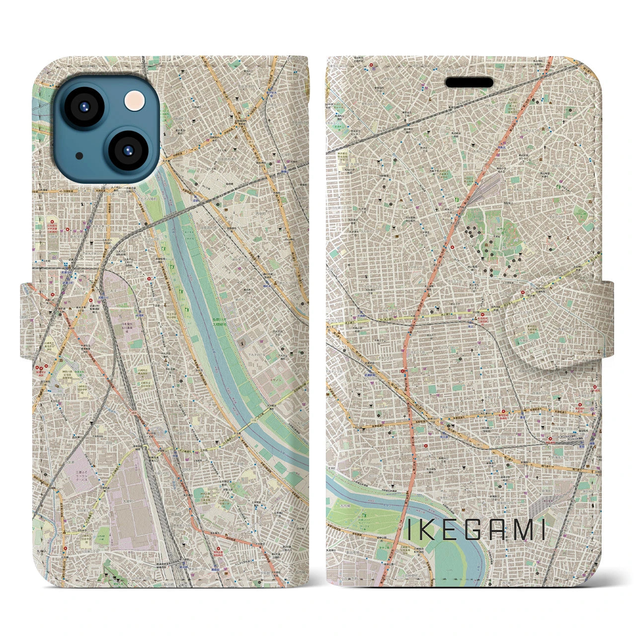【池上(東京都)】地図柄iPhoneケース(手帳タイプ)ナチュラル・iPhone 13 用