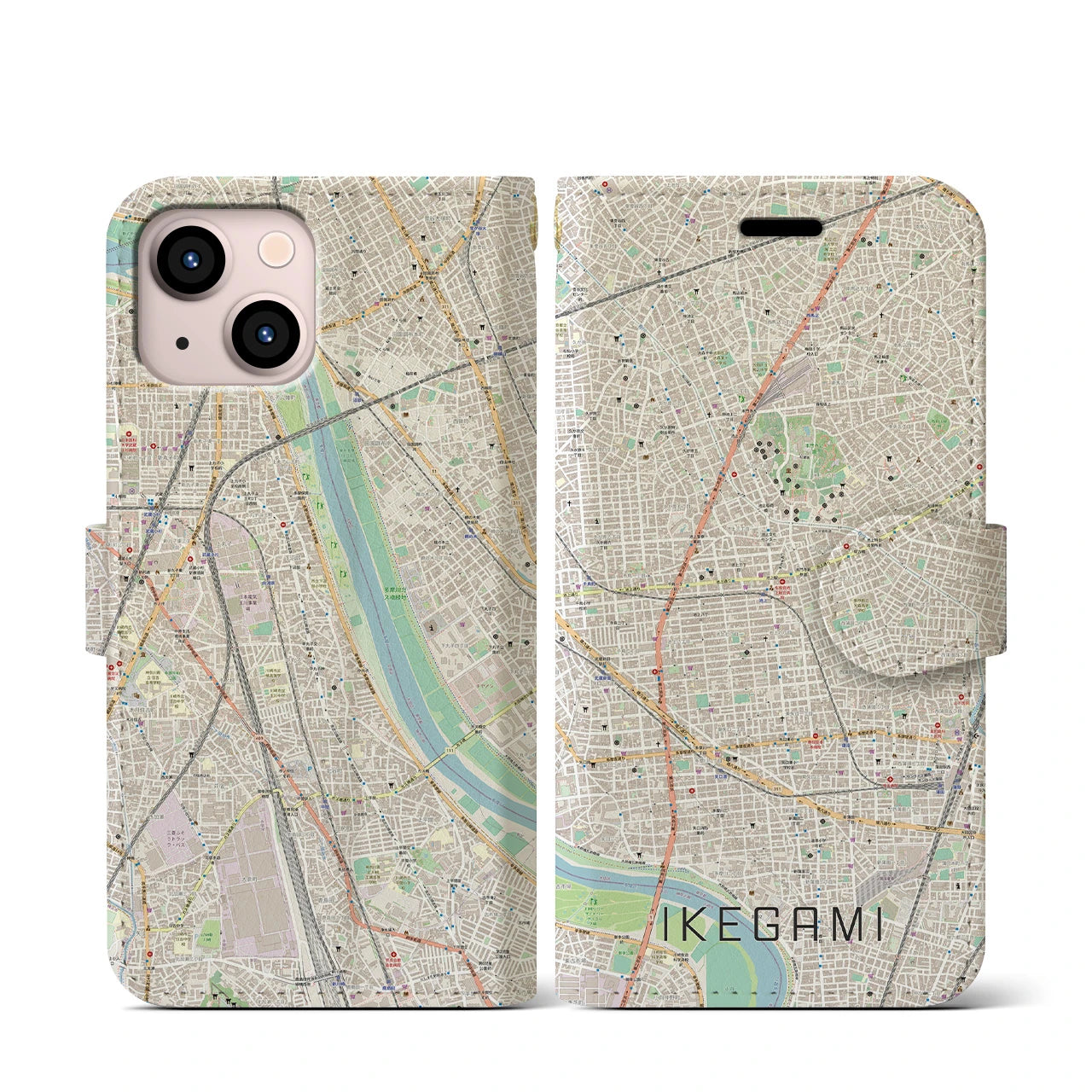 【池上(東京都)】地図柄iPhoneケース(手帳タイプ)ナチュラル・iPhone 13 mini 用