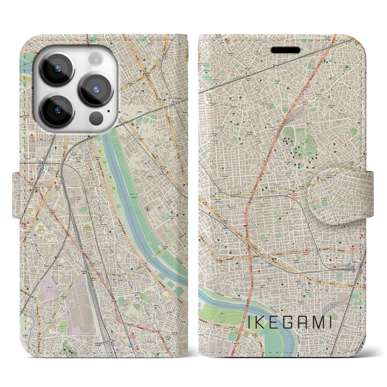 【池上(東京都)】地図柄iPhoneケース(手帳タイプ)ナチュラル・iPhone 14 Pro 用