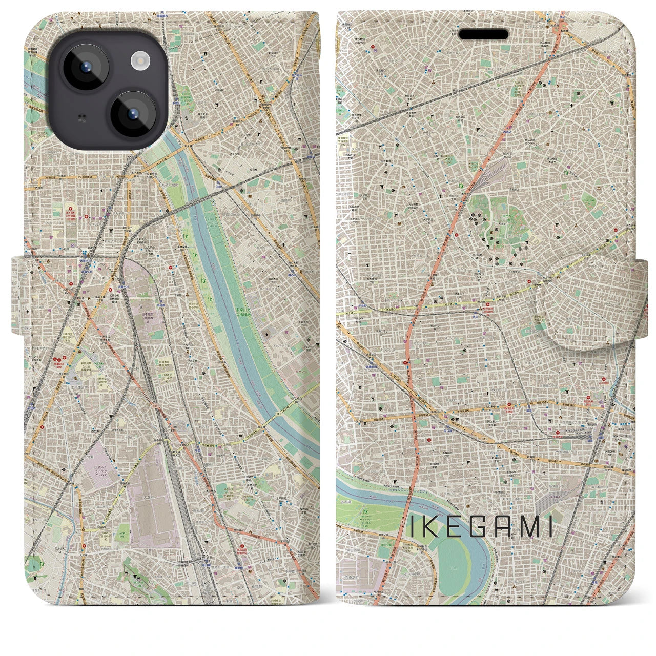 【池上(東京都)】地図柄iPhoneケース(手帳タイプ)ナチュラル・iPhone 14 Plus 用