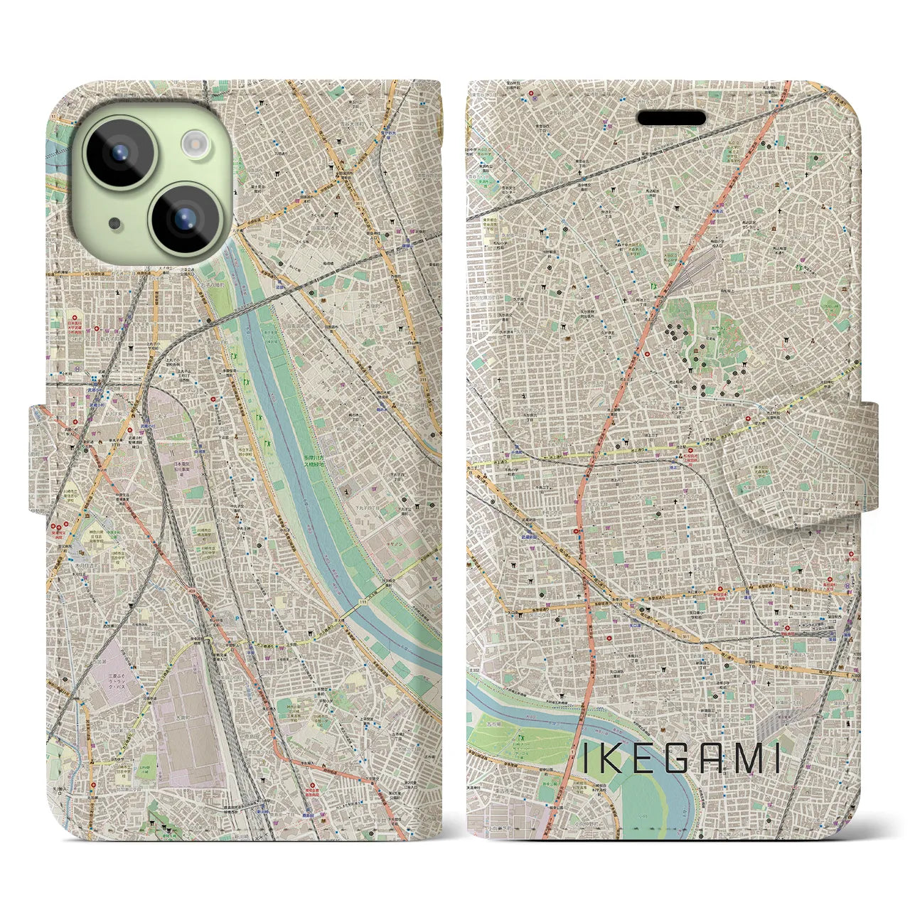 【池上(東京都)】地図柄iPhoneケース(手帳タイプ)ナチュラル・iPhone 15 用