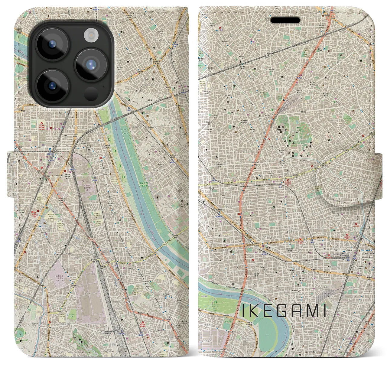 【池上(東京都)】地図柄iPhoneケース(手帳タイプ)ナチュラル・iPhone 15 Pro Max 用