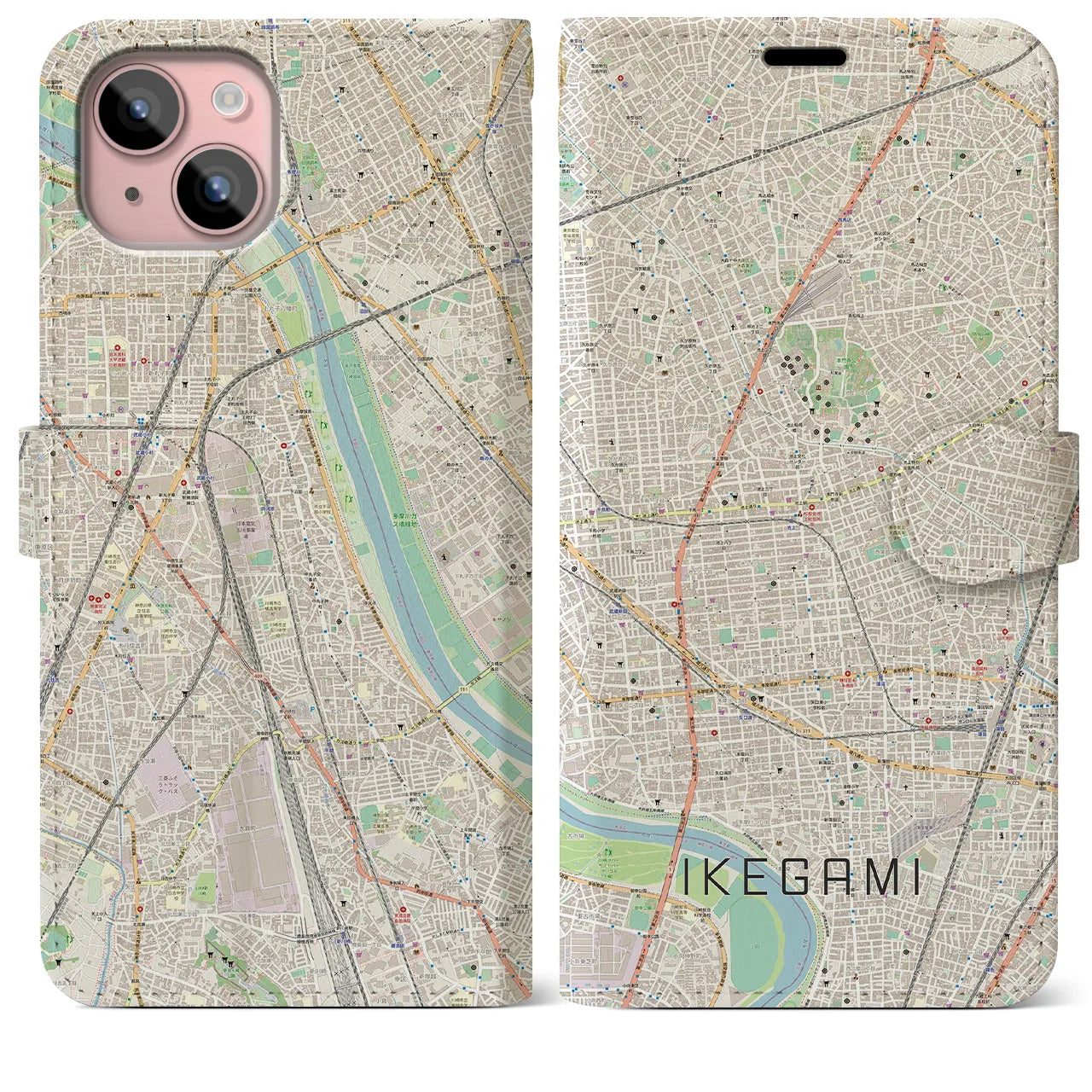 【池上(東京都)】地図柄iPhoneケース(手帳タイプ)ナチュラル・iPhone 15 Plus 用