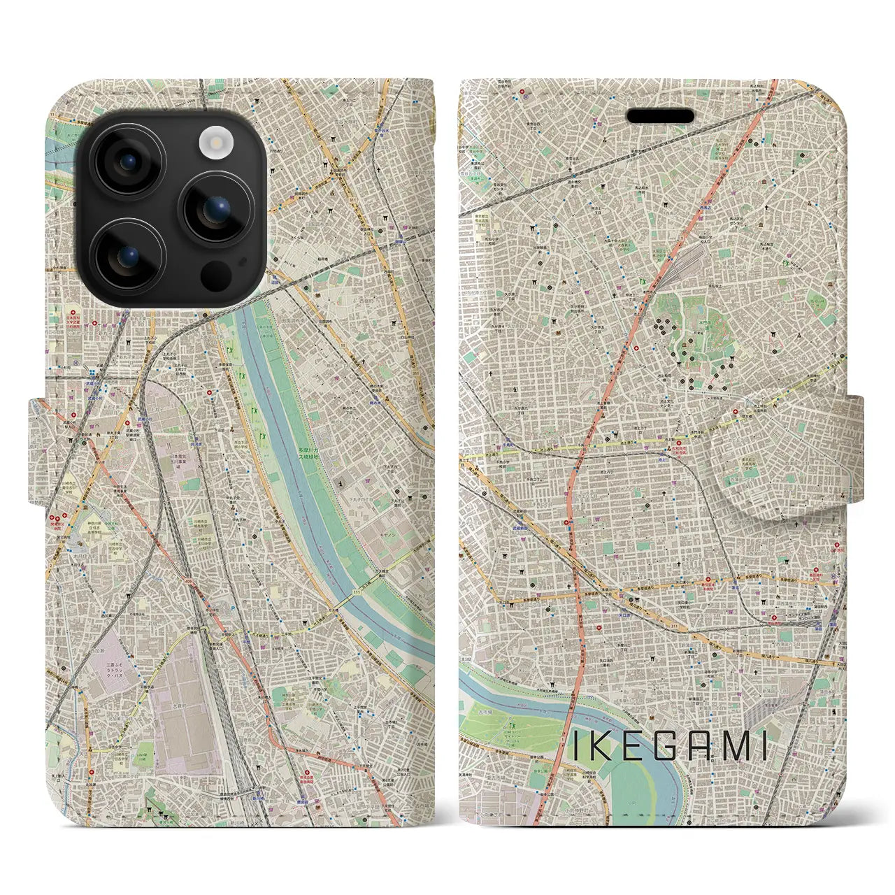 【池上(東京都)】地図柄iPhoneケース(手帳タイプ)ナチュラル・iPhone 16 用
