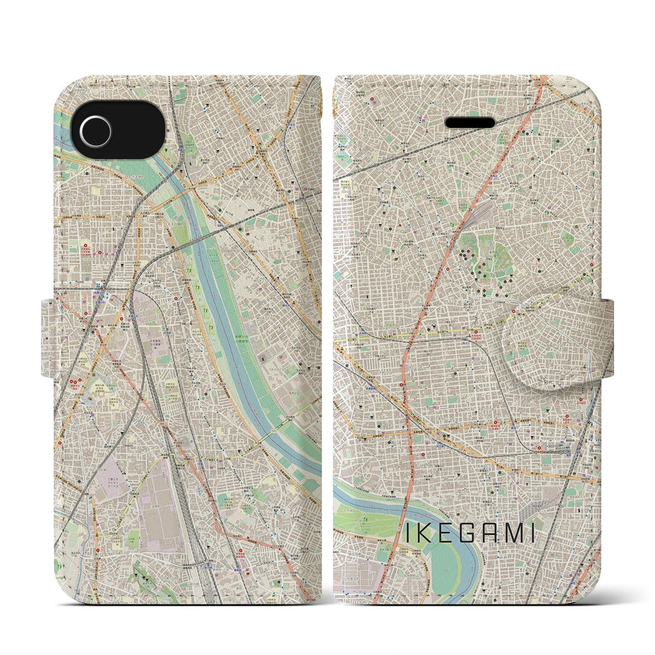 【池上(東京都)】地図柄iPhoneケース(手帳タイプ)ナチュラル・iPhone SE(第3 / 第2世代) / 8 / 7 / 6s / 6 用