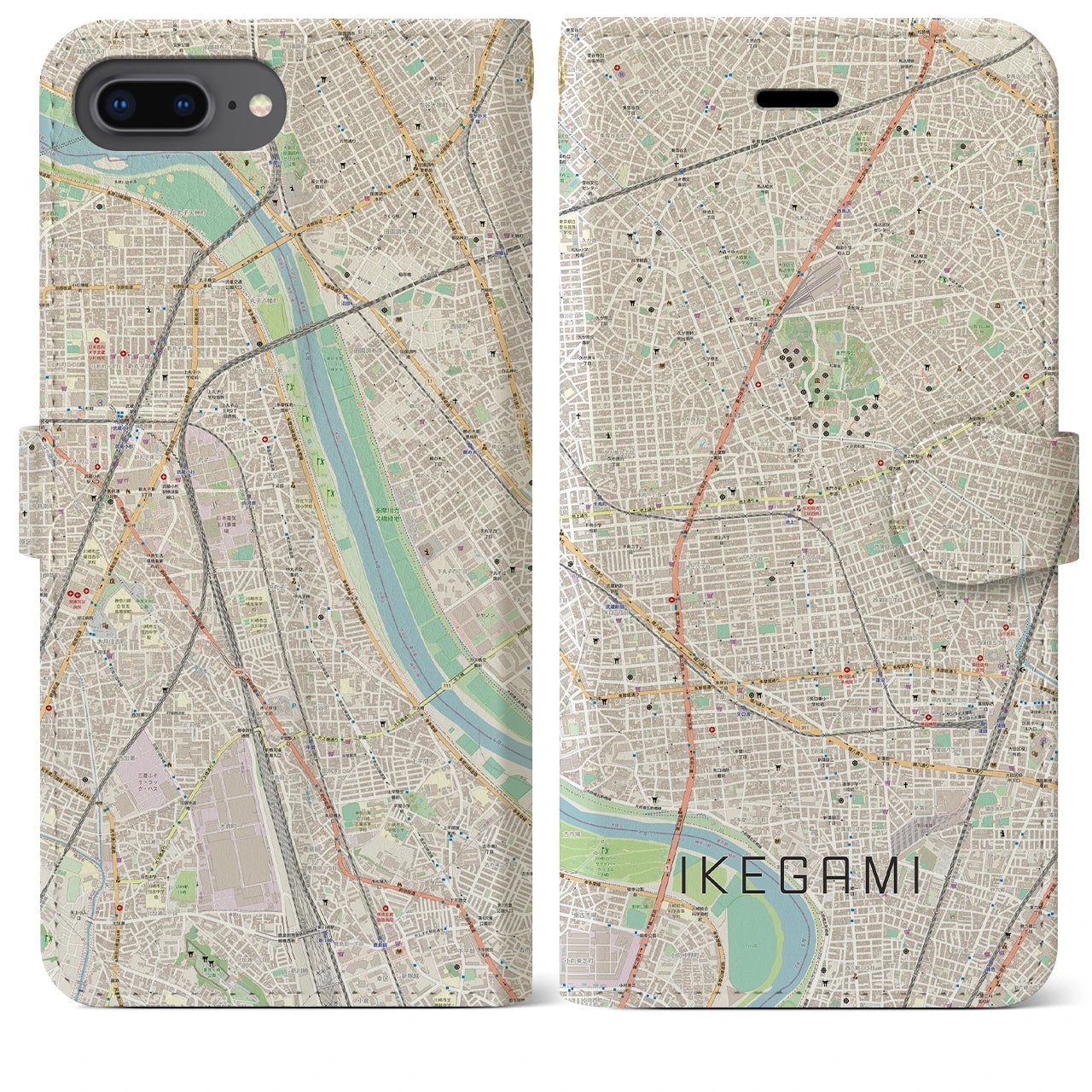 【池上(東京都)】地図柄iPhoneケース(手帳タイプ)ナチュラル・iPhone 8Plus /7Plus / 6sPlus / 6Plus 用