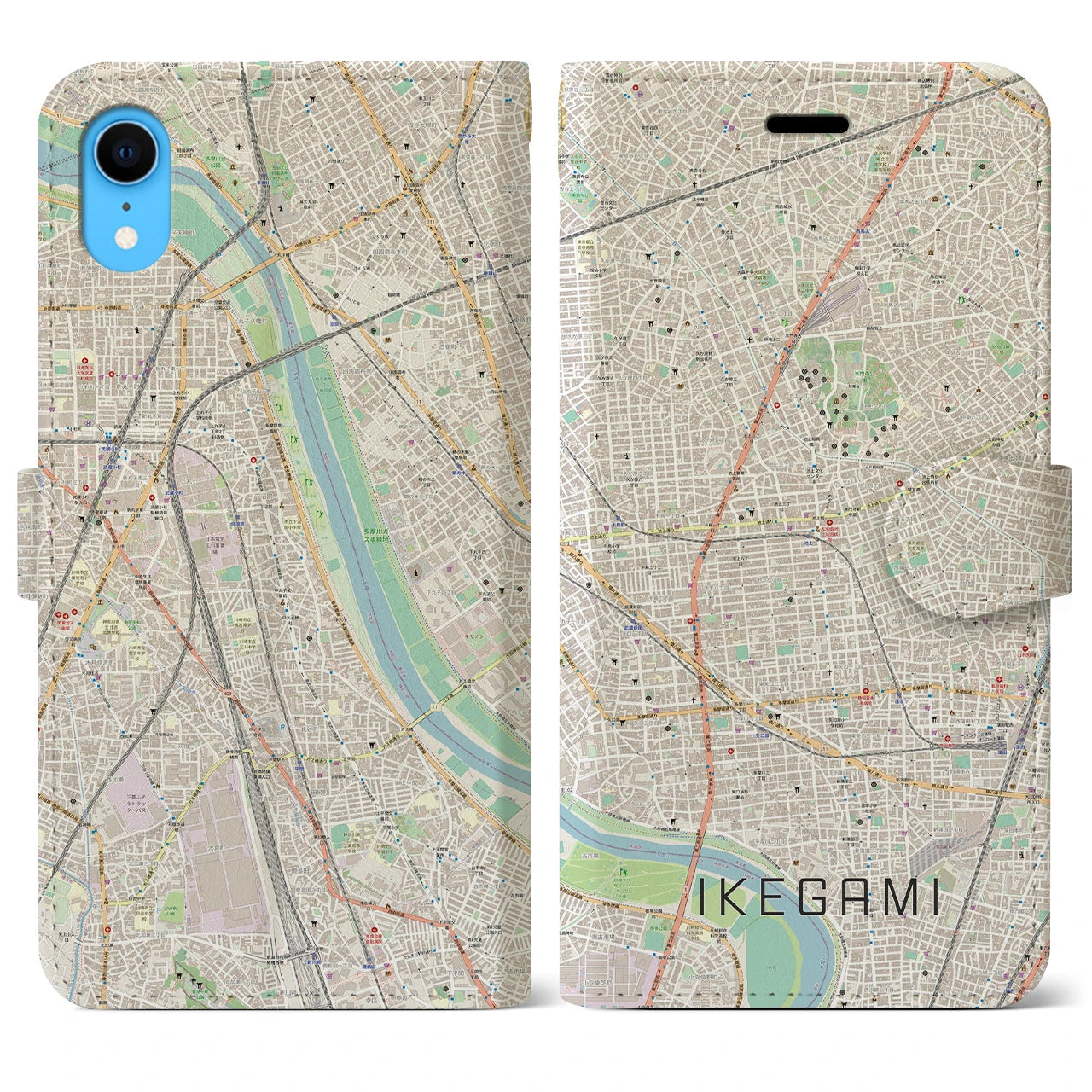 【池上(東京都)】地図柄iPhoneケース(手帳タイプ)ナチュラル・iPhone XR 用
