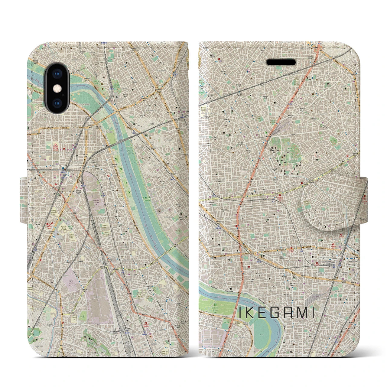 【池上(東京都)】地図柄iPhoneケース(手帳タイプ)ナチュラル・iPhone XS / X 用