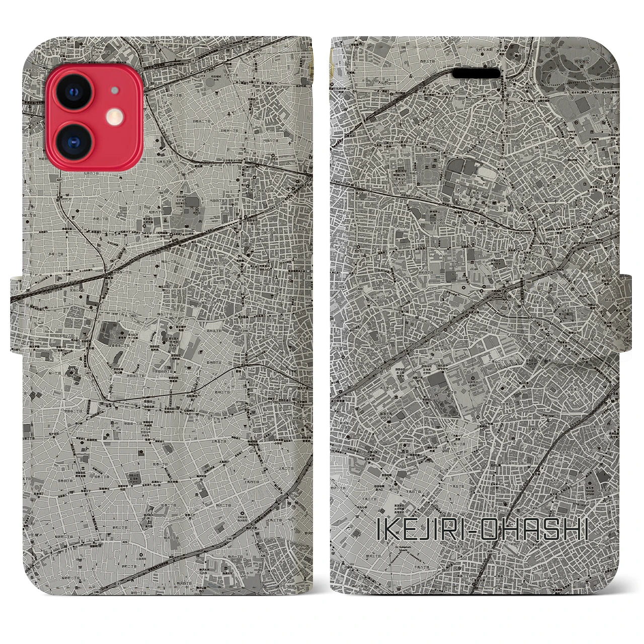 【池尻大橋(東京都)】地図柄iPhoneケース(手帳タイプ)モノトーン・iPhone 11 用