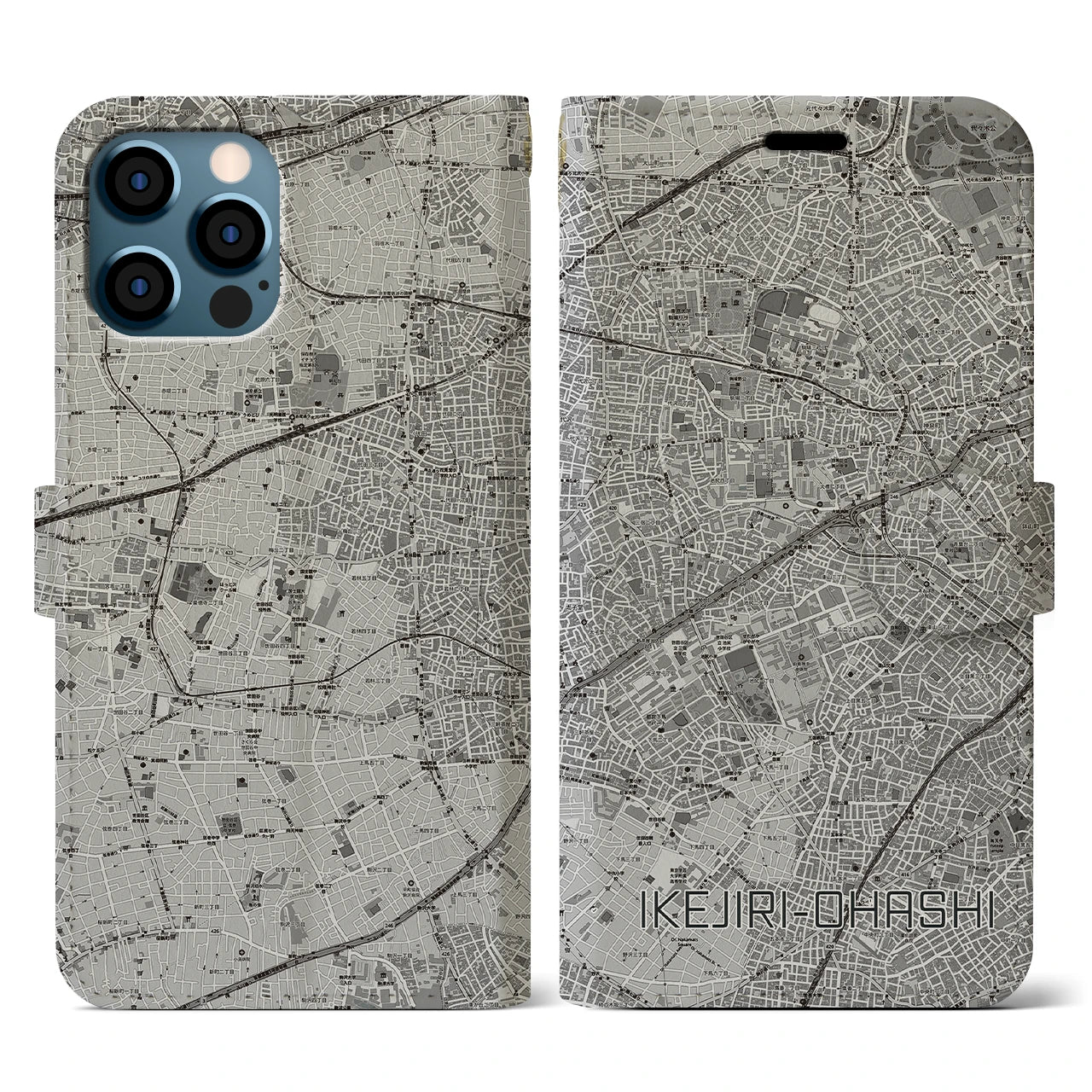 【池尻大橋(東京都)】地図柄iPhoneケース(手帳タイプ)モノトーン・iPhone 12 / 12 Pro 用