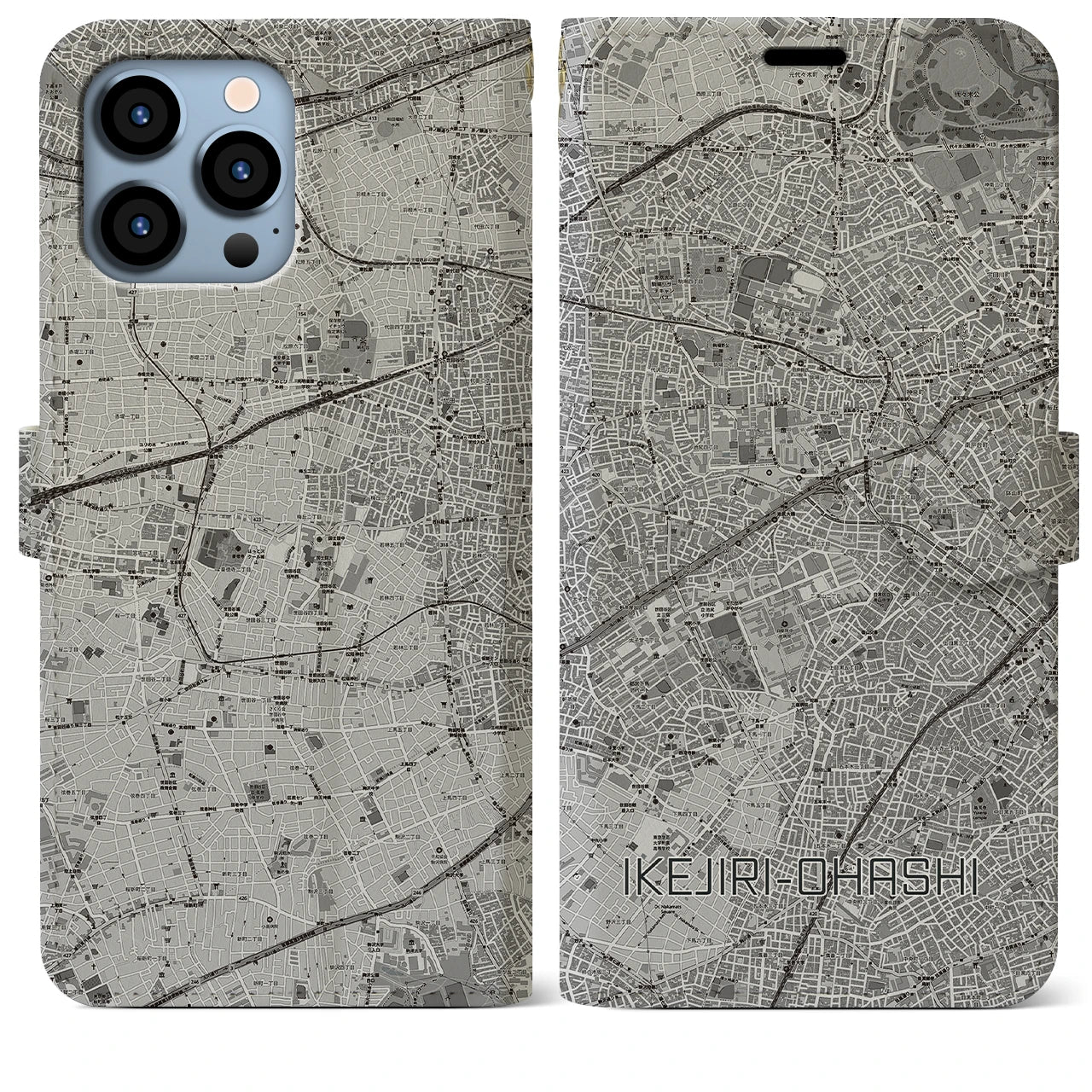【池尻大橋(東京都)】地図柄iPhoneケース(手帳タイプ)モノトーン・iPhone 13 Pro Max 用