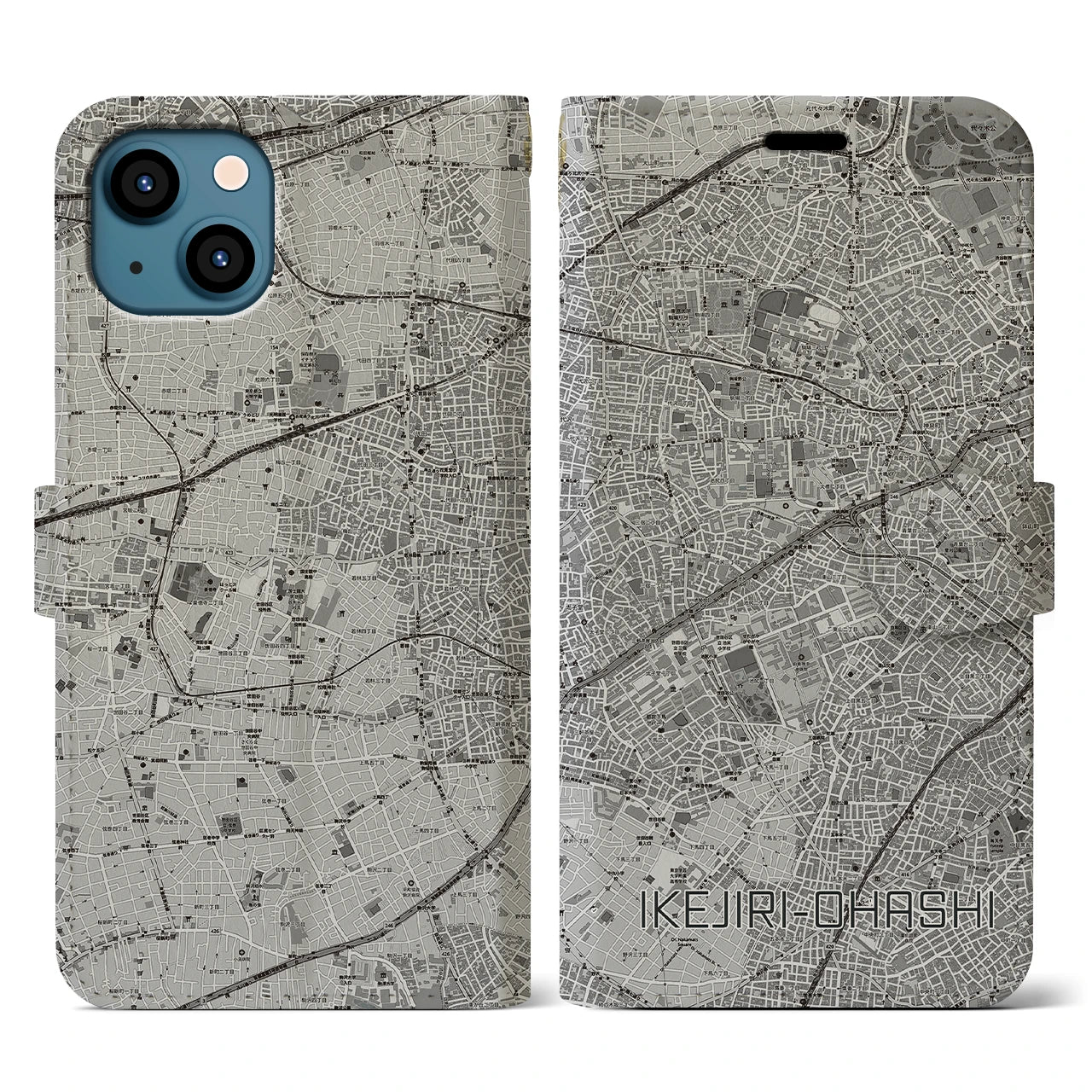 【池尻大橋(東京都)】地図柄iPhoneケース(手帳タイプ)モノトーン・iPhone 13 用
