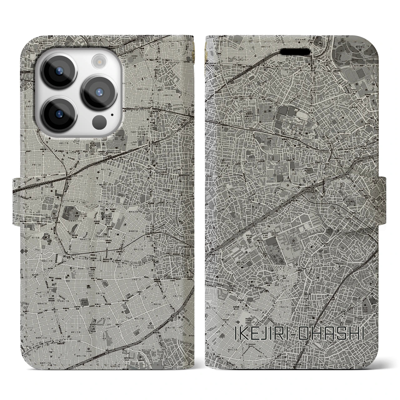 【池尻大橋(東京都)】地図柄iPhoneケース(手帳タイプ)モノトーン・iPhone 14 Pro 用