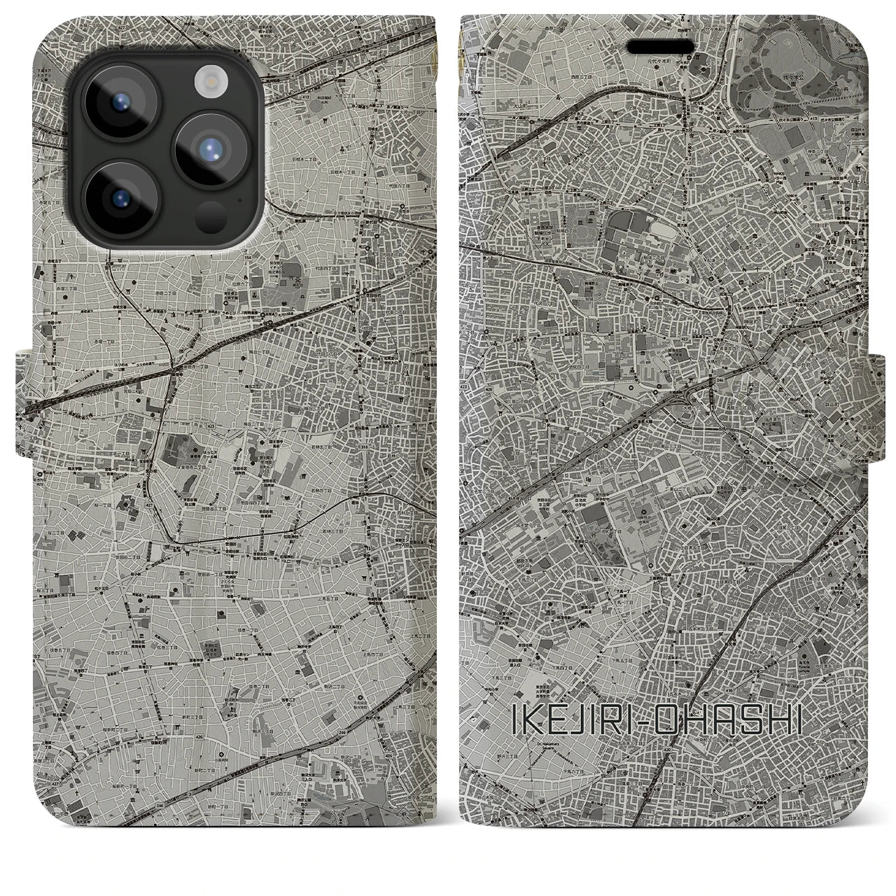 【池尻大橋(東京都)】地図柄iPhoneケース(手帳タイプ)モノトーン・iPhone 15 Pro Max 用