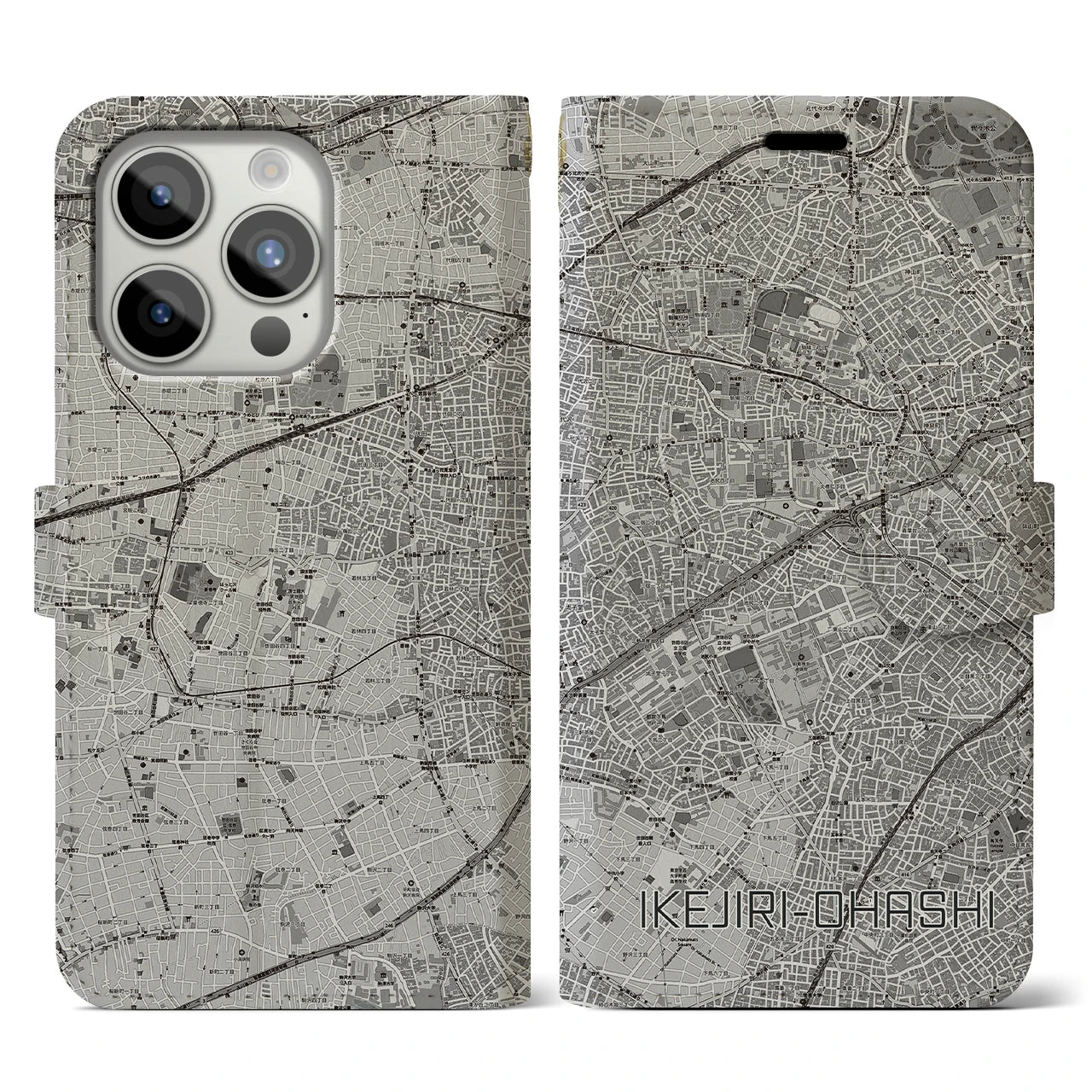 【池尻大橋(東京都)】地図柄iPhoneケース(手帳タイプ)モノトーン・iPhone 15 Pro 用