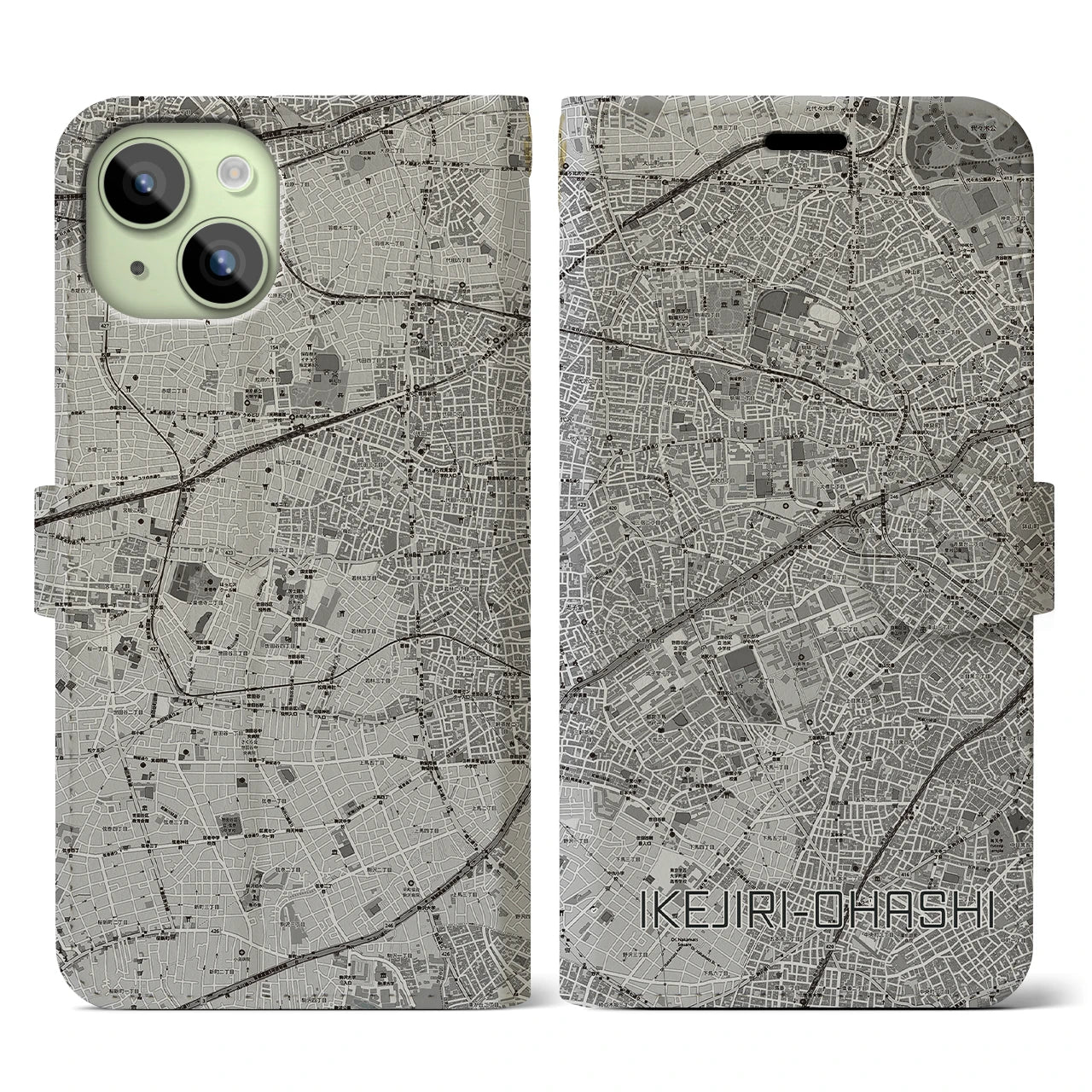 【池尻大橋(東京都)】地図柄iPhoneケース(手帳タイプ)モノトーン・iPhone 15 用