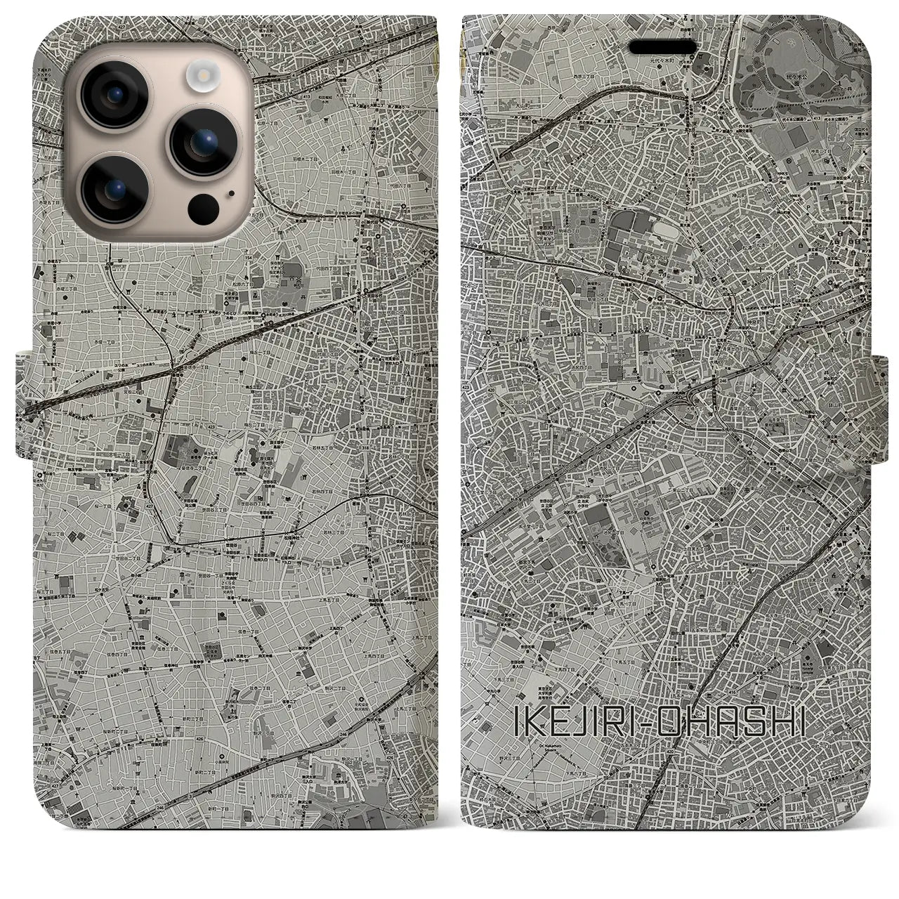 【池尻大橋(東京都)】地図柄iPhoneケース(手帳タイプ)モノトーン・iPhone 16 Plus 用