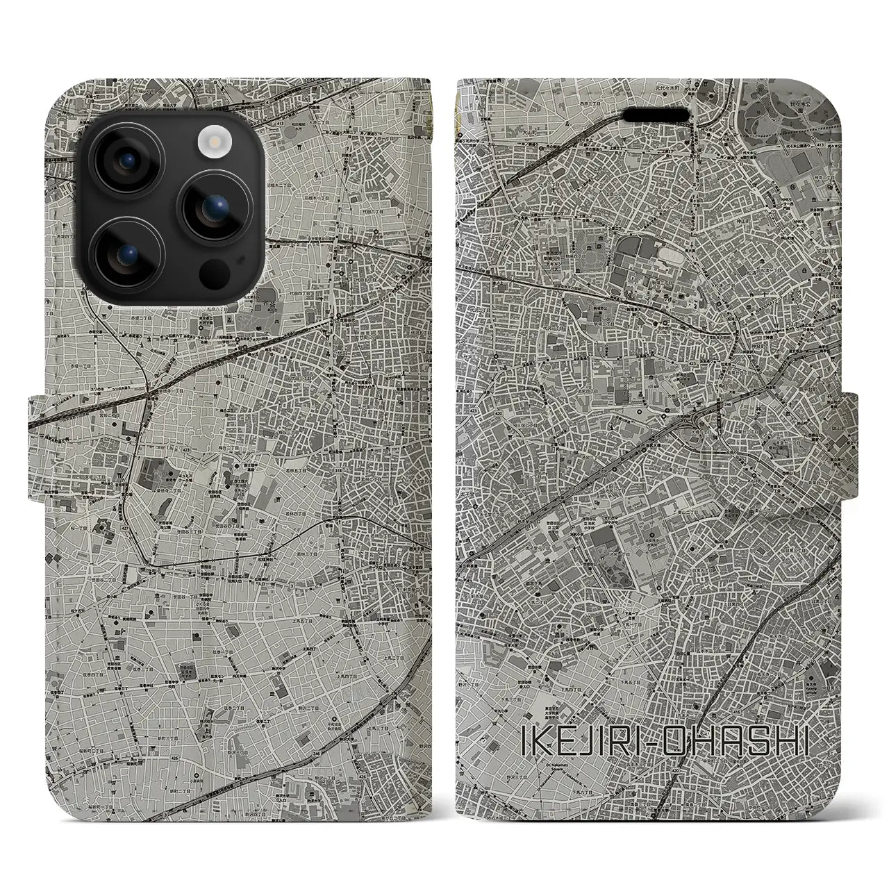 【池尻大橋(東京都)】地図柄iPhoneケース(手帳タイプ)モノトーン・iPhone 16 用