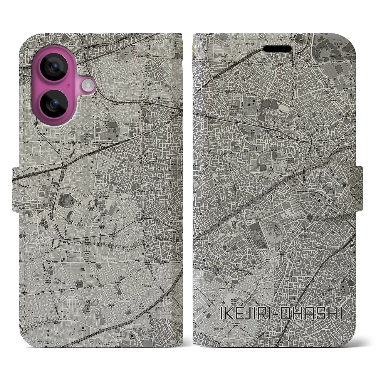 【池尻大橋(東京都)】地図柄iPhoneケース(手帳タイプ)モノトーン・iPhone 16 Pro 用